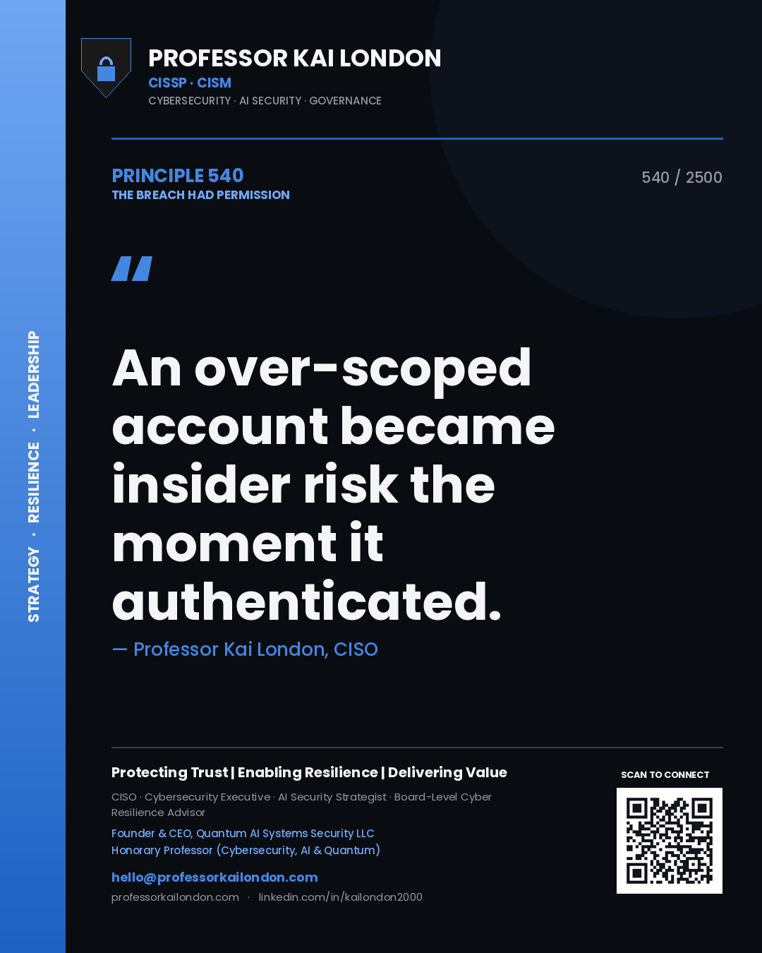 Professor Kai London principle 540: An over-scoped account became insider risk the moment it authenticated.