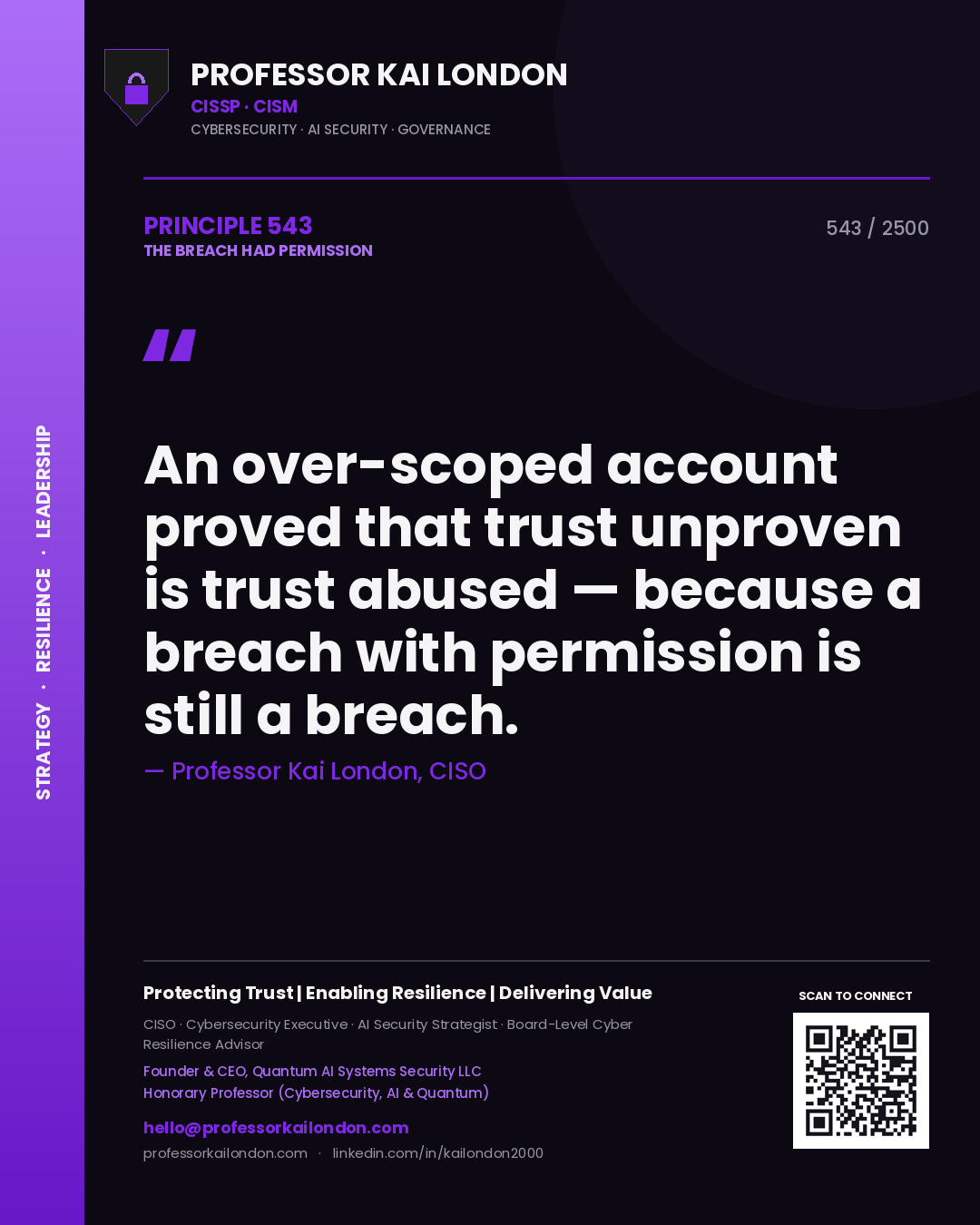 Professor Kai London principle 543: An over-scoped account proved that trust unproven is trust abused — because a breach with permission is still a breach.