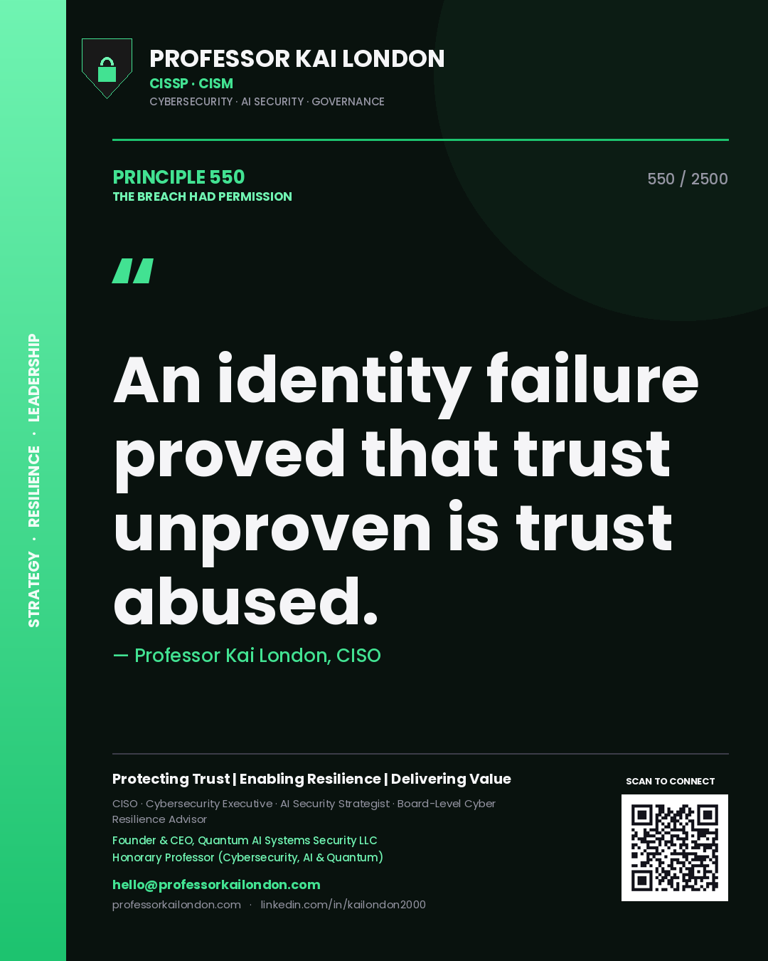 Professor Kai London principle 550: An identity failure proved that trust unproven is trust abused.