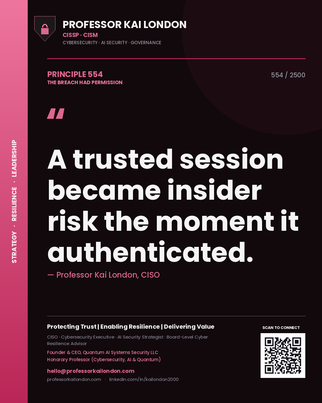 Quote card by Professor Kai London reading 'A trusted session became insider risk the moment it authenticated.'. From the book The Breach Had Permission.