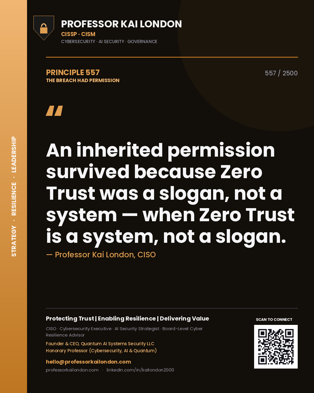 Professor Kai London principle 557: An inherited permission survived because Zero Trust was a slogan, not a system — when Zero Trust is a system, not a slogan.