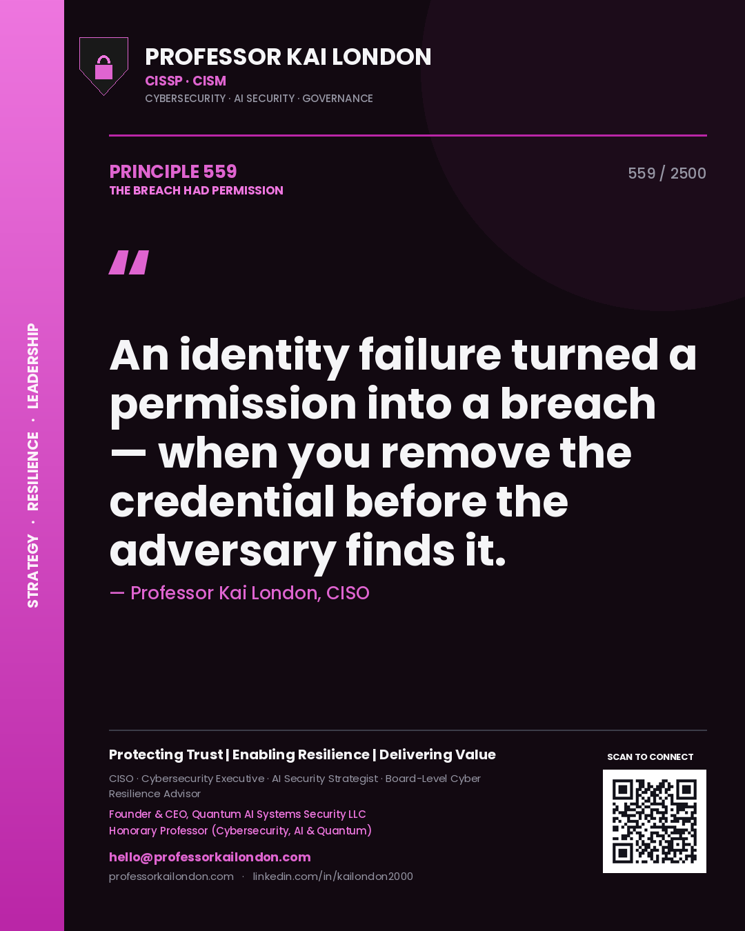 Professor Kai London principle 559: An identity failure turned a permission into a breach — when you remove the credential before the adversary finds it.