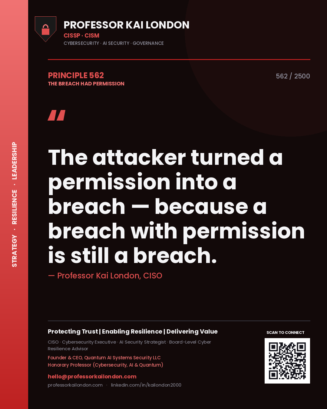 Professor Kai London principle 562: The attacker turned a permission into a breach — because a breach with permission is still a breach.