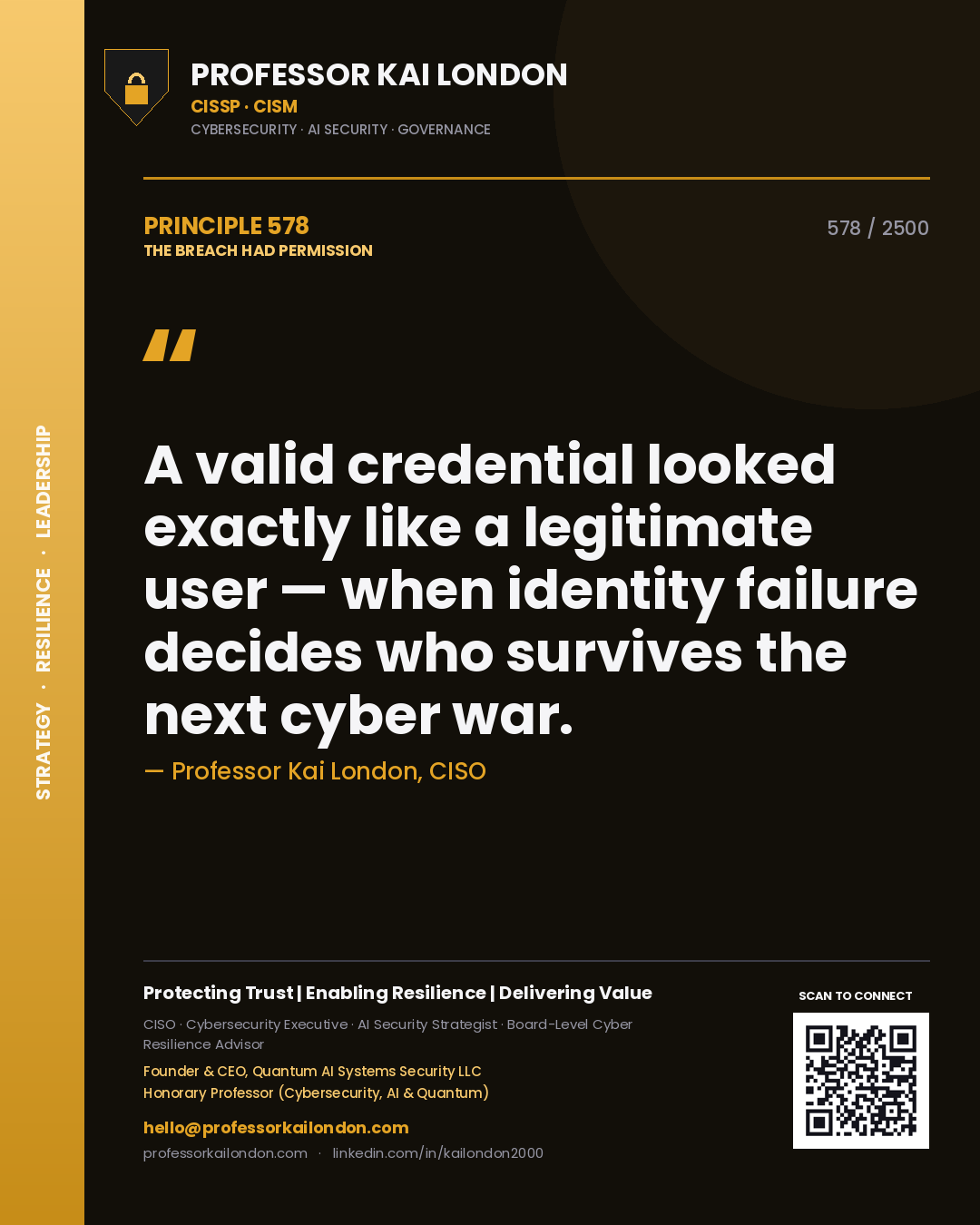 Quote card by Professor Kai London reading 'A valid credential looked exactly like a legitimate user — when identity failure decides who survives the next cyber war.'. From the book The Breach Had Permission.