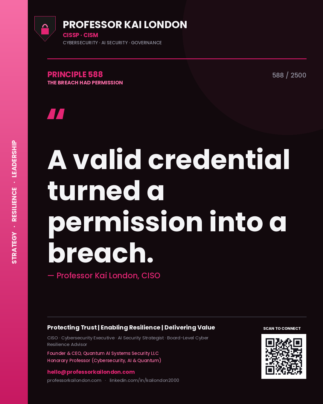 Quote card by Professor Kai London reading 'A valid credential turned a permission into a breach.'. From the book The Breach Had Permission.