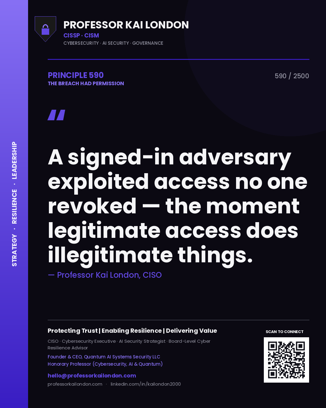 Quote card by Professor Kai London reading 'A signed-in adversary exploited access no one revoked — the moment legitimate access does illegitimate things.'. From the book The Breach Had Permission.