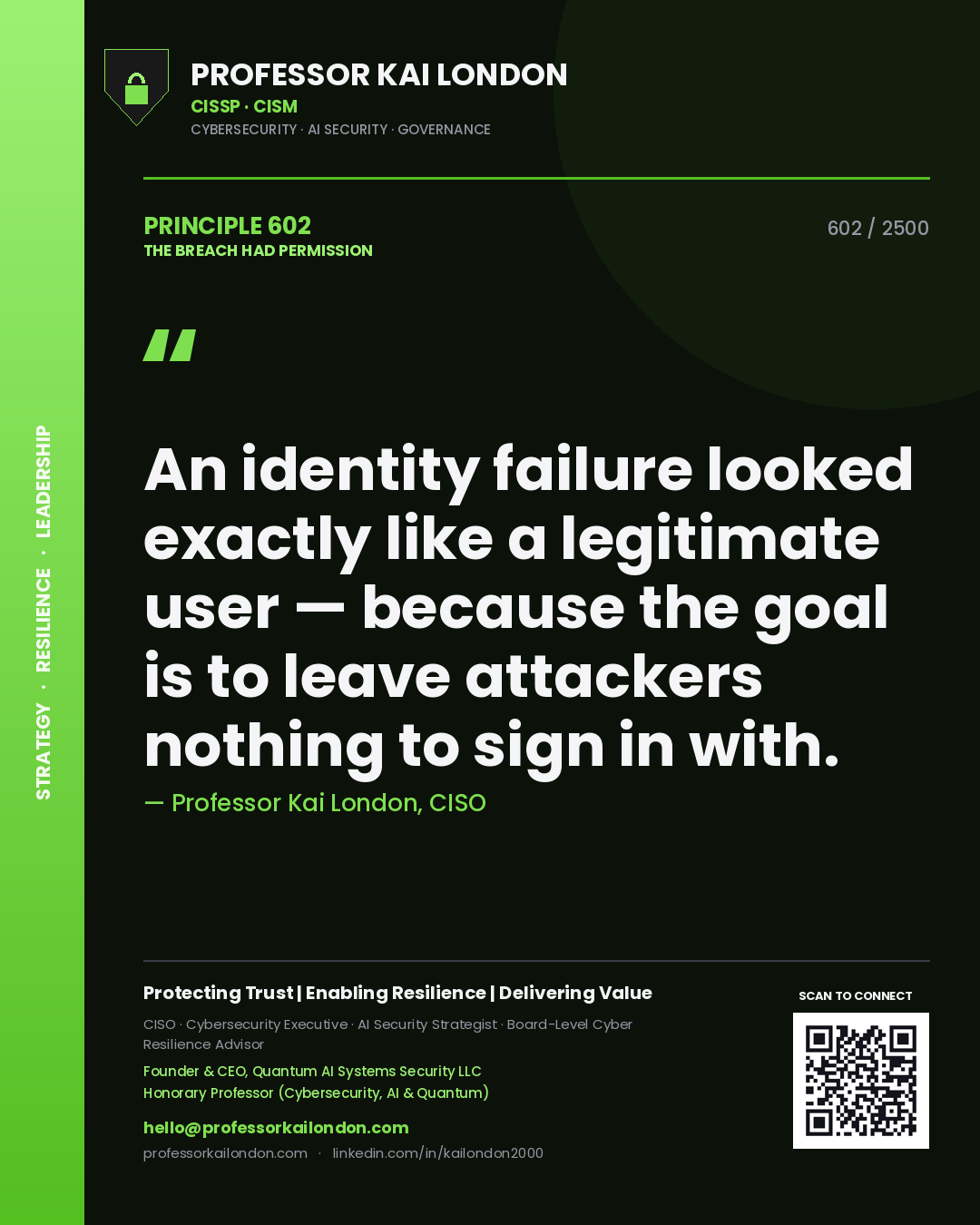 Quote card by Professor Kai London reading 'An identity failure looked exactly like a legitimate user — because the goal is to leave attackers nothing to sign in with.'. From the book The Breach Had Permission.