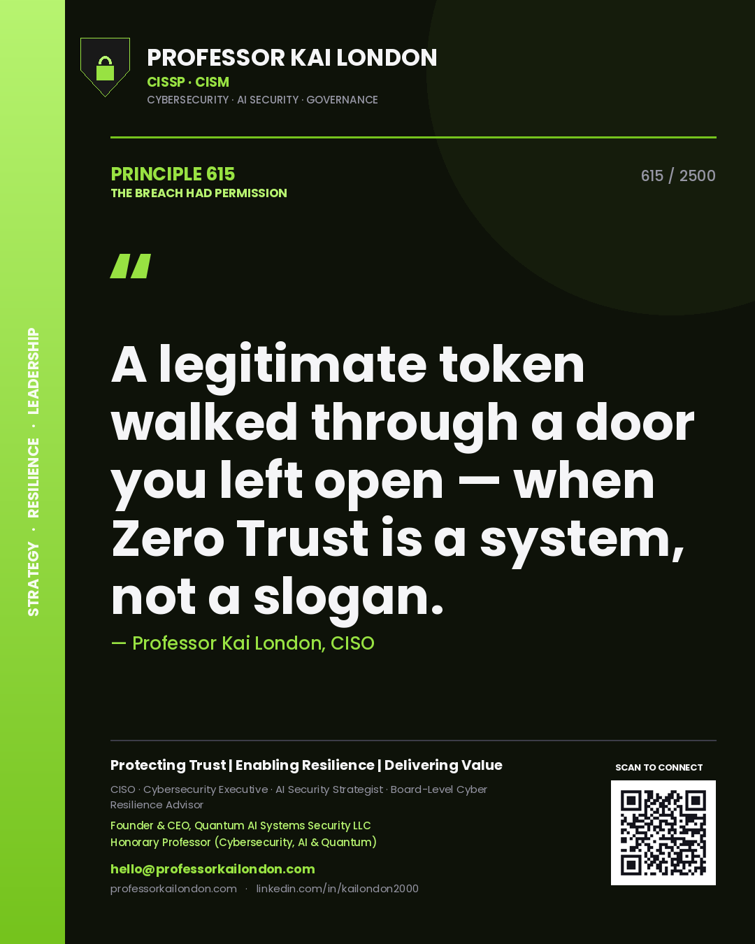 Quote card by Professor Kai London reading 'A legitimate token walked through a door you left open — when Zero Trust is a system, not a slogan.'. From the book The Breach Had Permission.