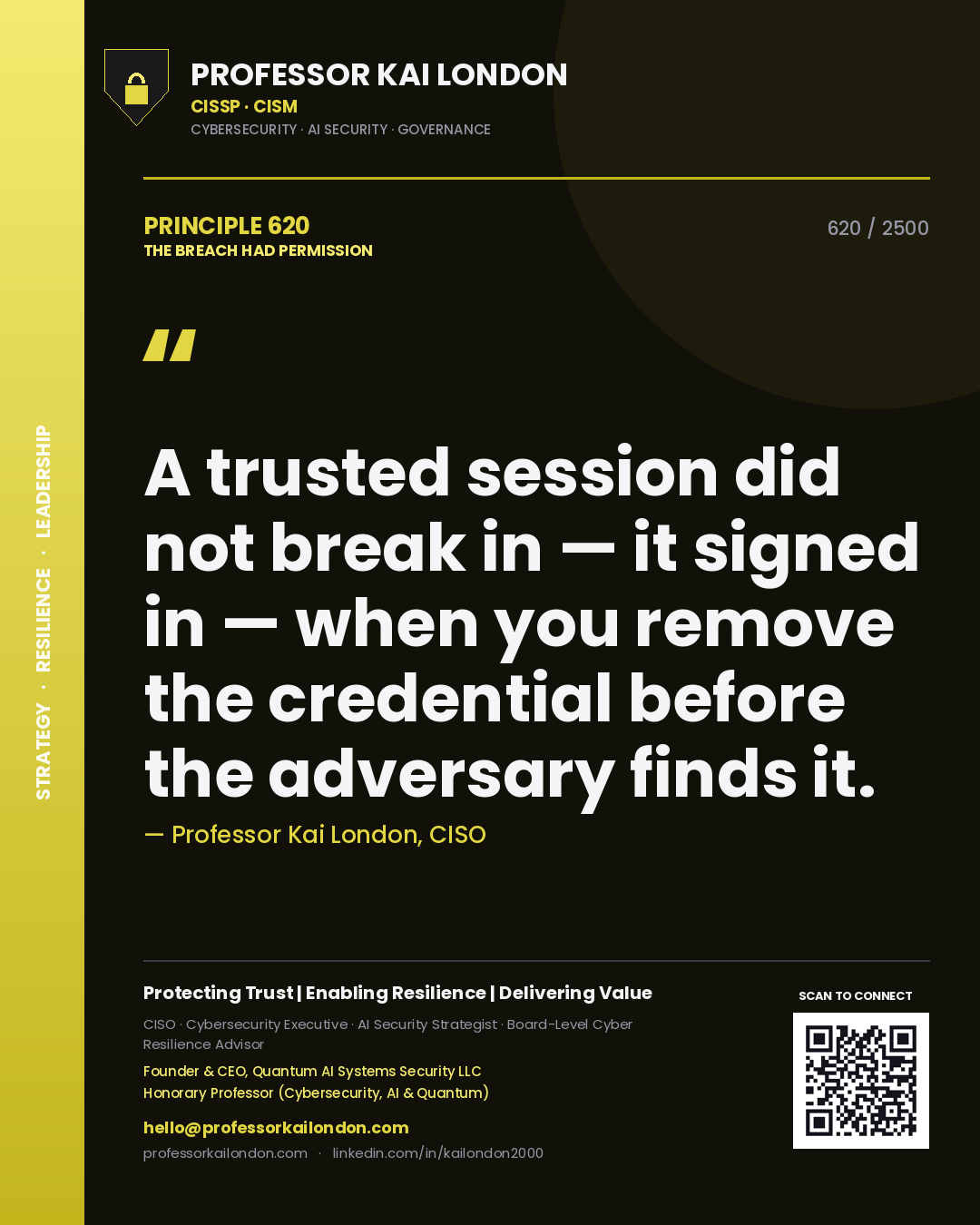 Quote card by Professor Kai London reading 'A trusted session did not break in — it signed in — when you remove the credential before the adversary finds it.'. From the book The Breach Had Permission.