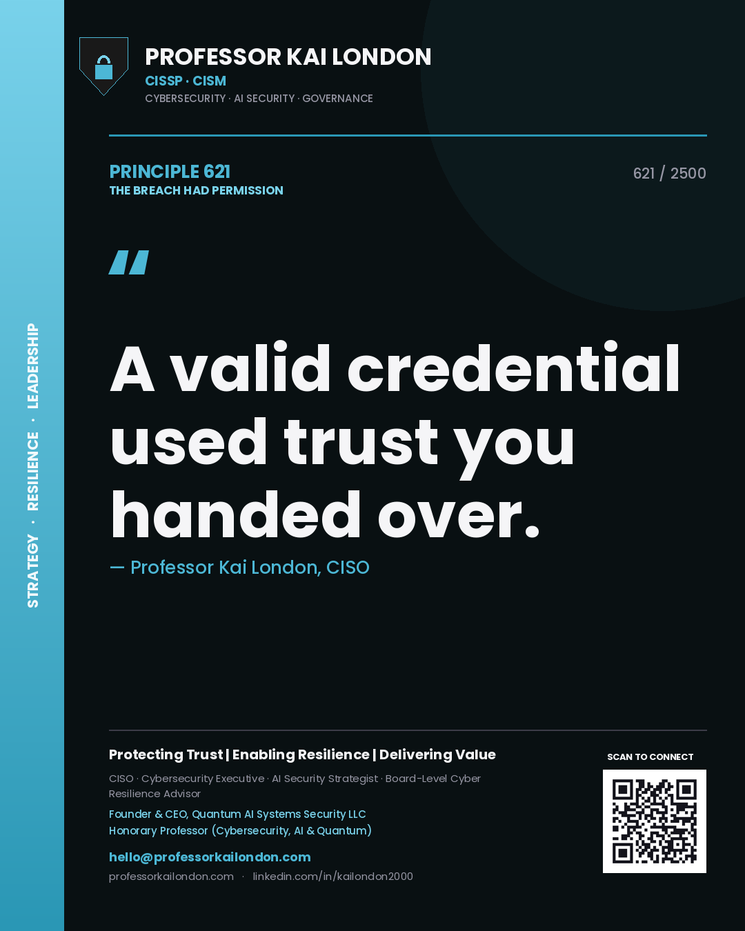 Quote card by Professor Kai London reading 'A valid credential used trust you handed over.'. From the book The Breach Had Permission.