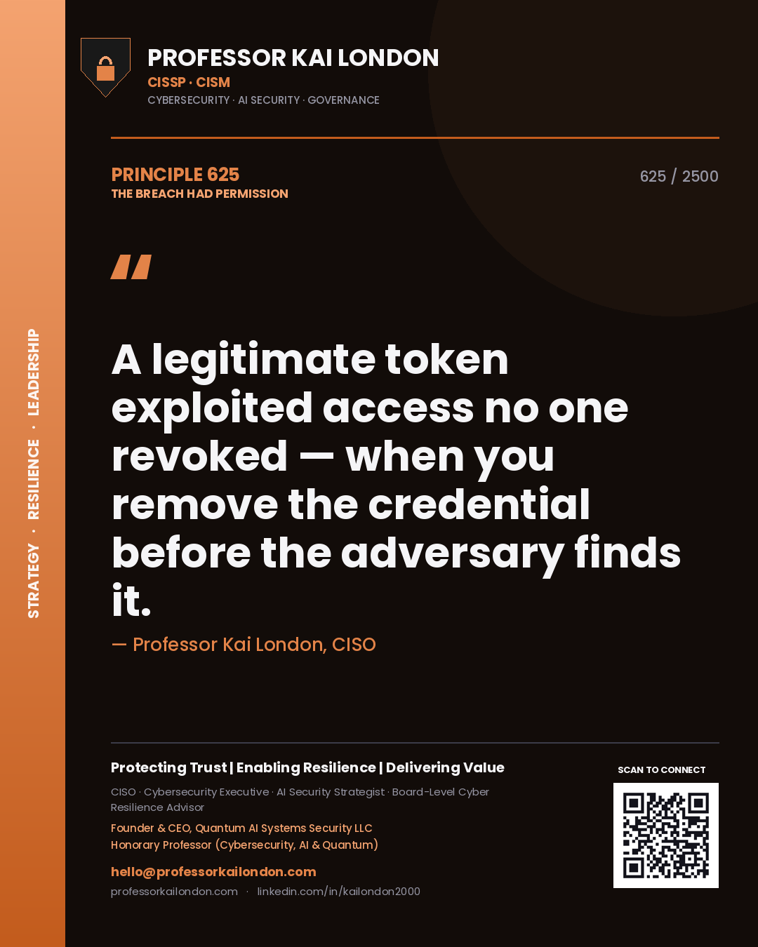 Quote card by Professor Kai London reading 'A legitimate token exploited access no one revoked — when you remove the credential before the adversary finds it.'. From the book The Breach Had Permission.