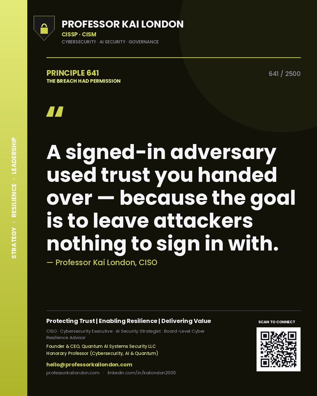 Quote card by Professor Kai London reading 'A signed-in adversary used trust you handed over — because the goal is to leave attackers nothing to sign in with.'. From the book The Breach Had Permission.