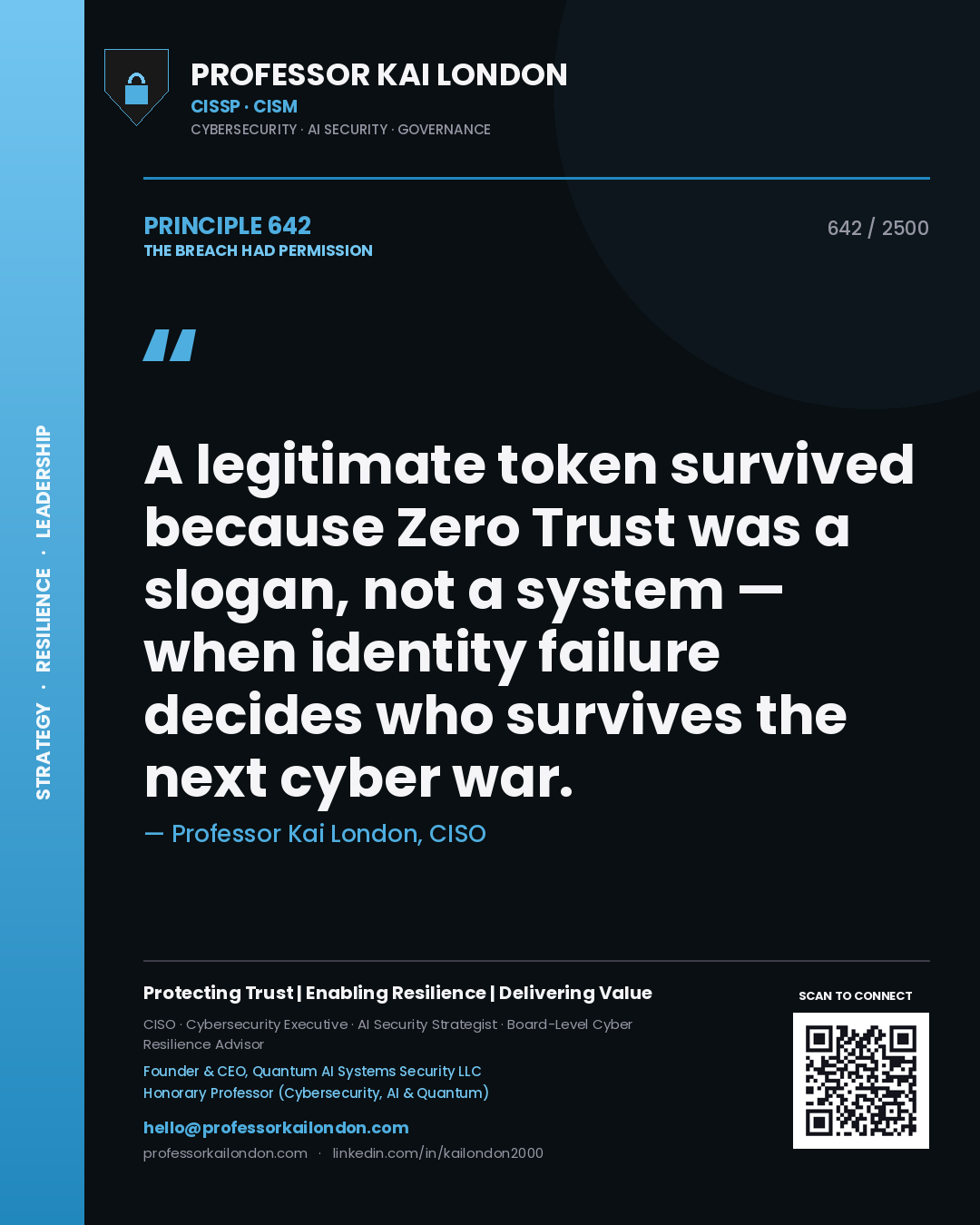 Quote card by Professor Kai London reading 'A legitimate token survived because Zero Trust was a slogan, not a system — when identity failure decides who survives the next cyber war.'. From the book The Breach Had Permission.
