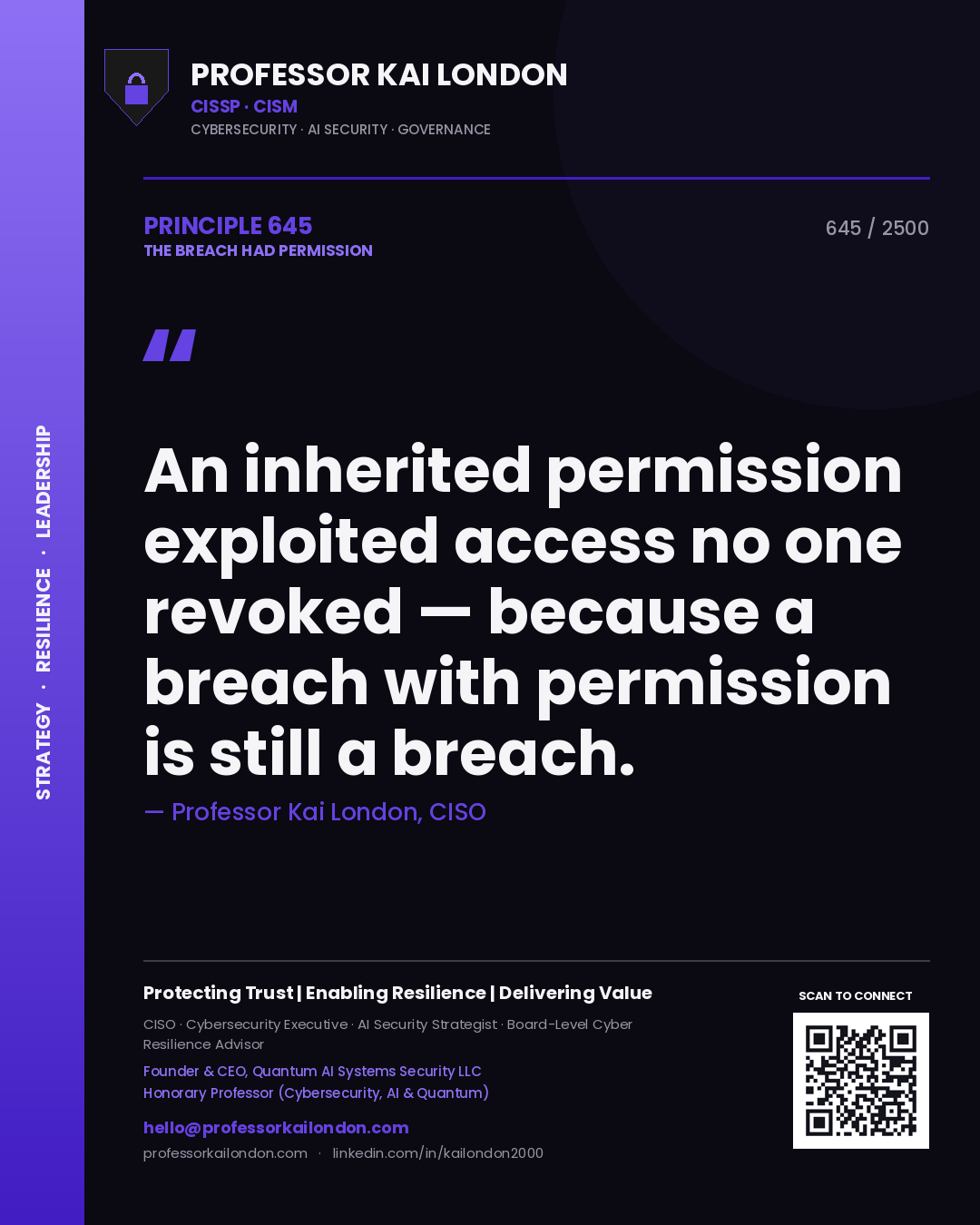 Quote card by Professor Kai London reading 'An inherited permission exploited access no one revoked — because a breach with permission is still a breach.'. From the book The Breach Had Permission.