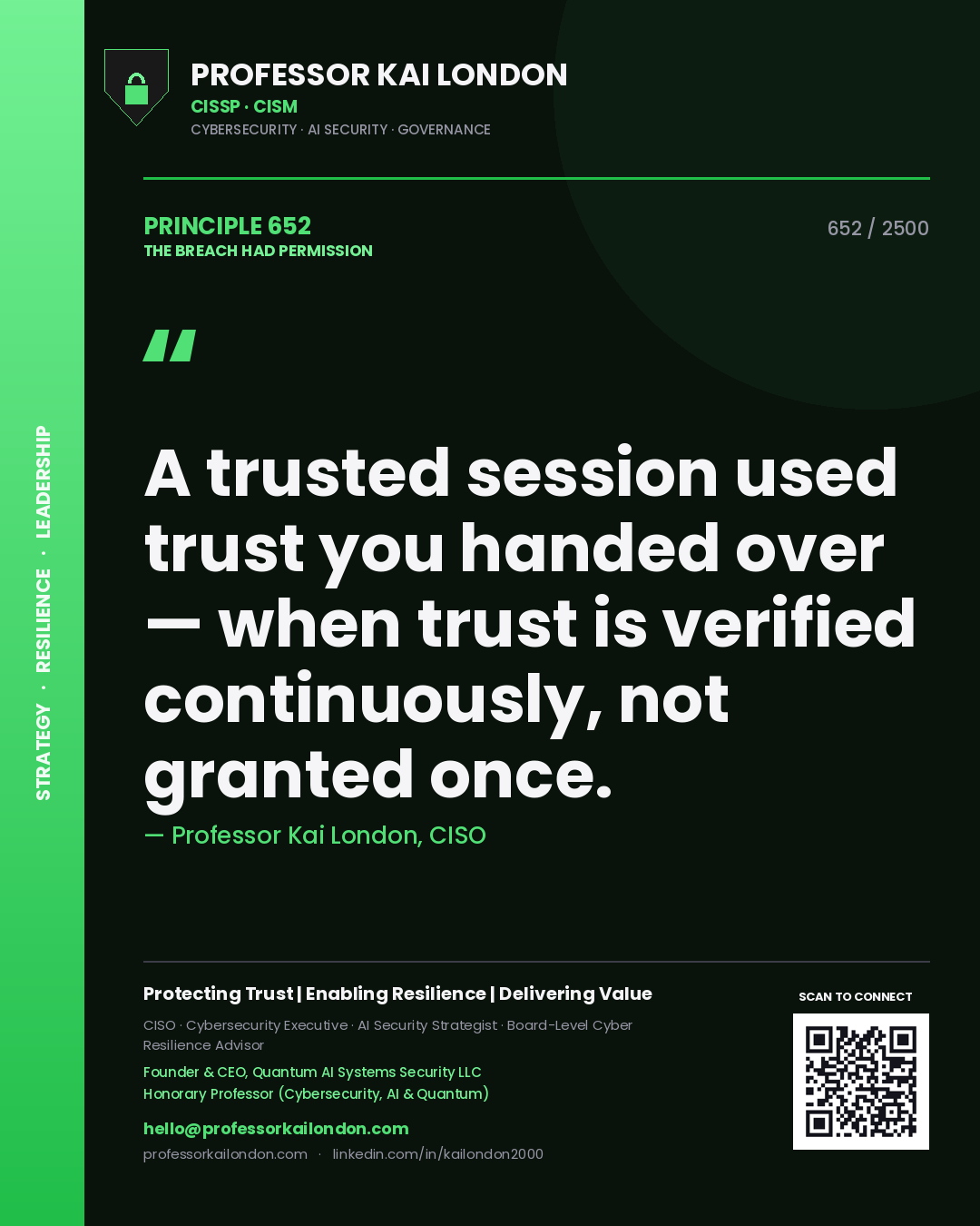 Quote card by Professor Kai London reading 'A trusted session used trust you handed over — when trust is verified continuously, not granted once.'. From the book The Breach Had Permission.