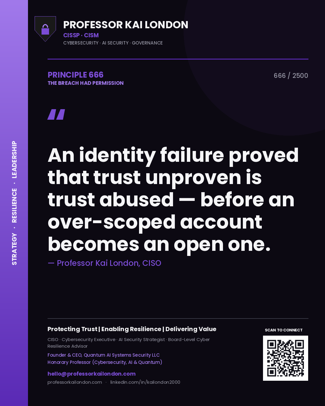 Quote card by Professor Kai London reading 'An identity failure proved that trust unproven is trust abused — before an over-scoped account becomes an open one.'. From the book The Breach Had Permission.