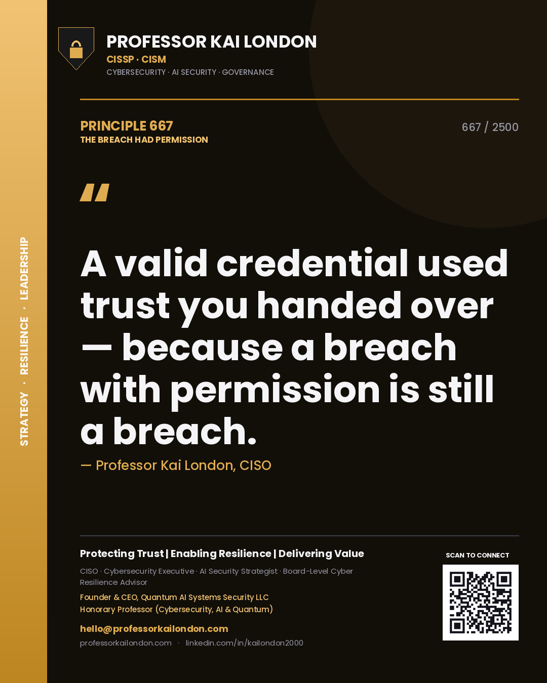 Quote card by Professor Kai London reading 'A valid credential used trust you handed over — because a breach with permission is still a breach.'. From the book The Breach Had Permission.