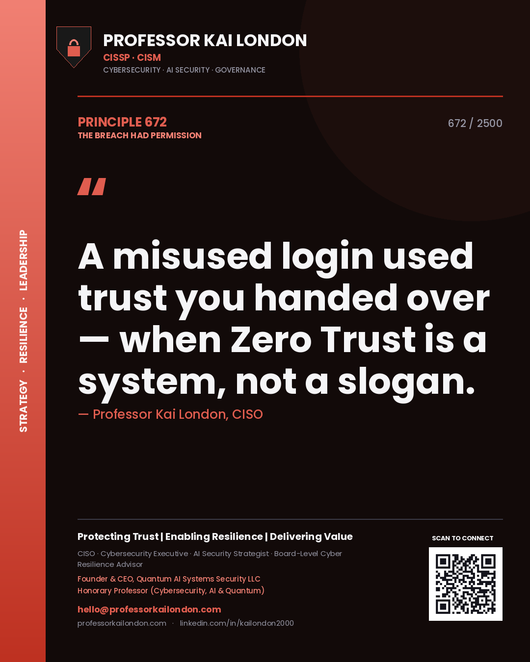 Quote card by Professor Kai London reading 'A misused login used trust you handed over — when Zero Trust is a system, not a slogan.'. From the book The Breach Had Permission.