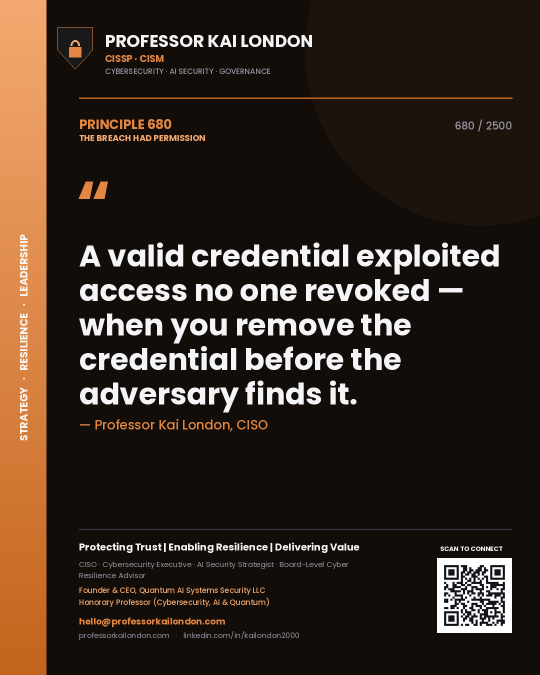 Quote card by Professor Kai London reading 'A valid credential exploited access no one revoked — when you remove the credential before the adversary finds it.'. From the book The Breach Had Permission.