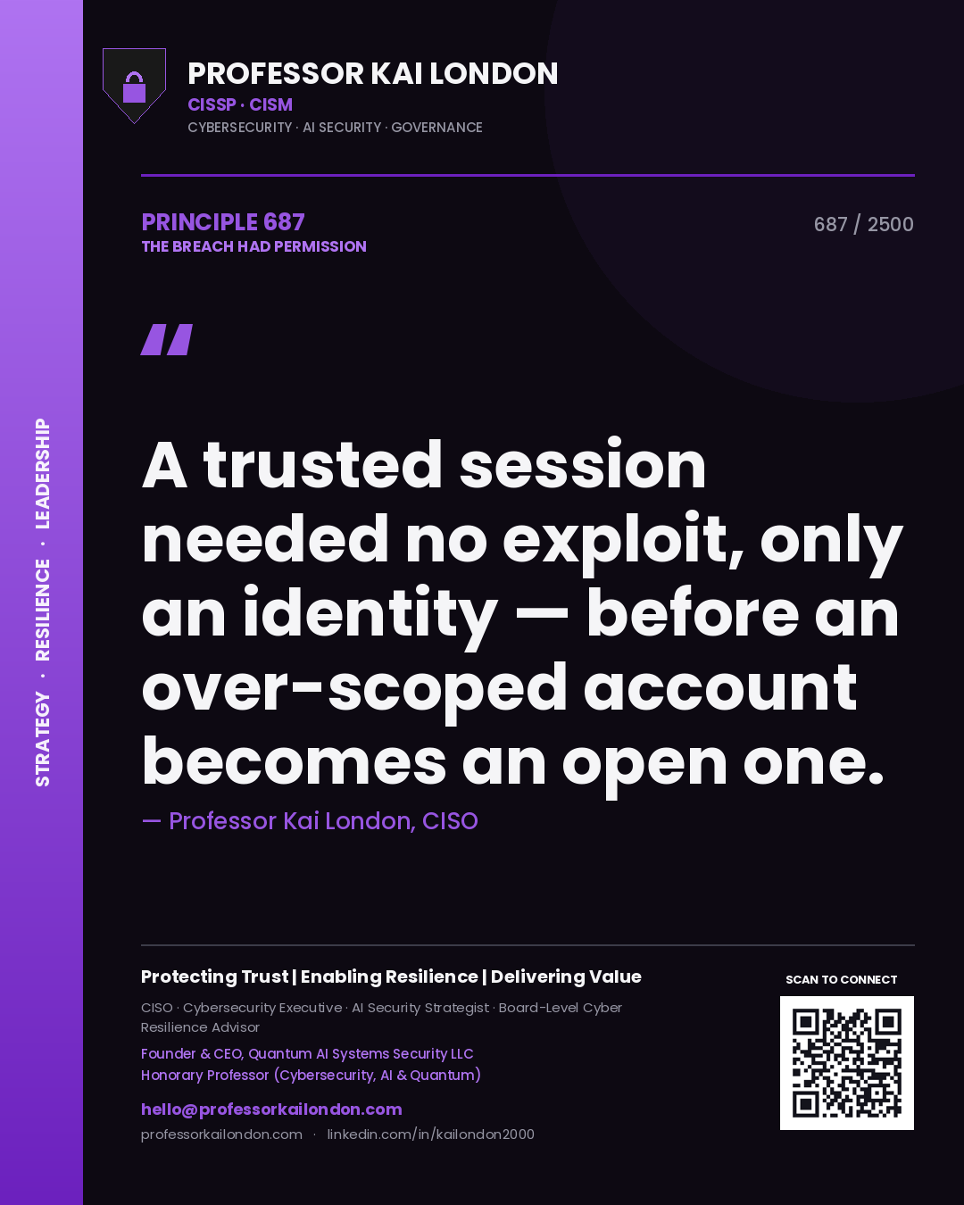 Quote card by Professor Kai London reading 'A trusted session needed no exploit, only an identity — before an over-scoped account becomes an open one.'. From the book The Breach Had Permission.