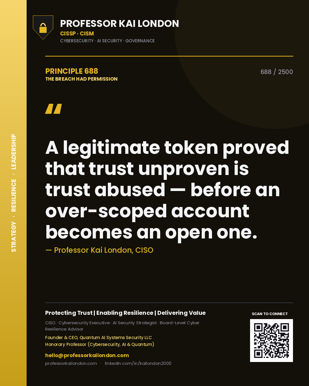 Quote card by Professor Kai London reading 'A legitimate token proved that trust unproven is trust abused — before an over-scoped account becomes an open one.'. From the book The Breach Had Permission.