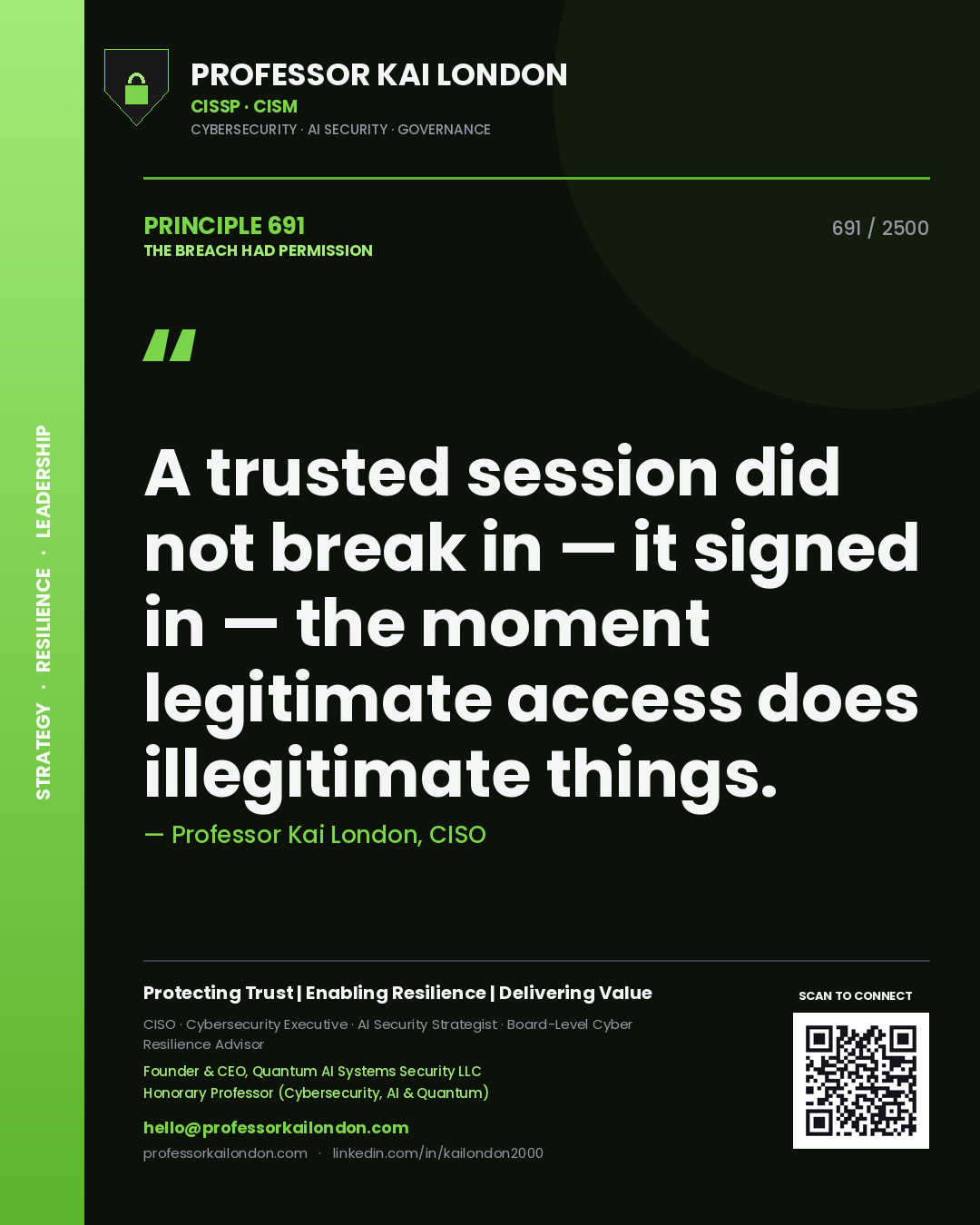 Quote card by Professor Kai London reading 'A trusted session did not break in — it signed in — the moment legitimate access does illegitimate things.'. From the book The Breach Had Permission.