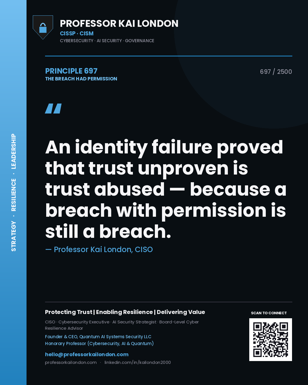 Quote card by Professor Kai London reading 'An identity failure proved that trust unproven is trust abused — because a breach with permission is still a breach.'. From the book The Breach Had Permission.