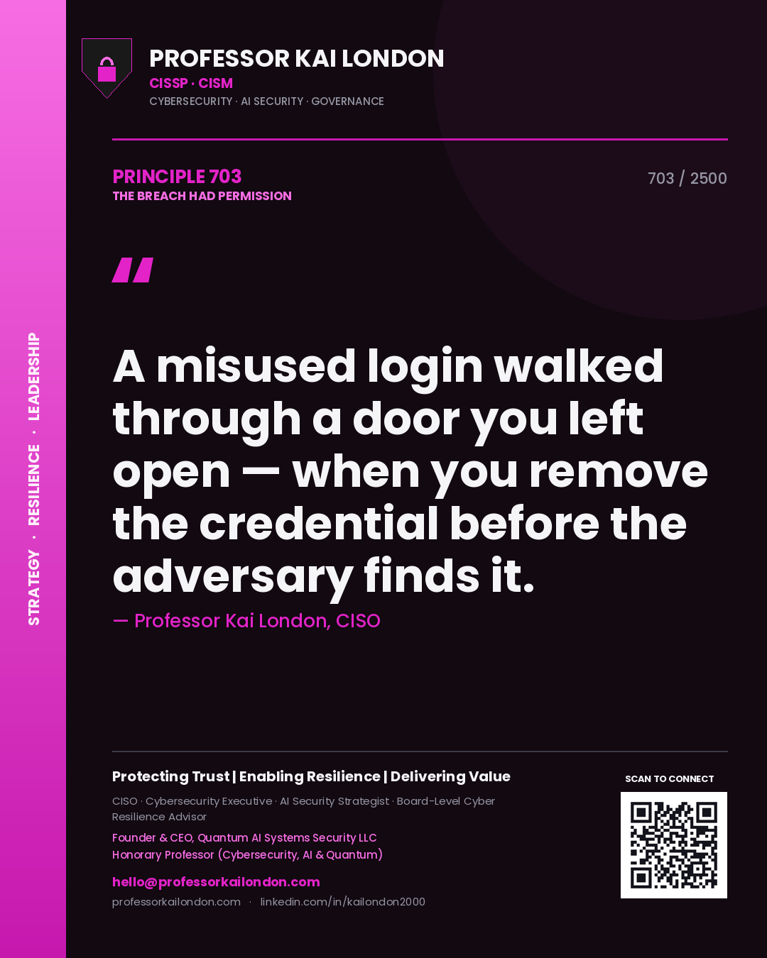 Professor Kai London principle 703: A misused login walked through a door you left open — when you remove the credential before the adversary finds it.