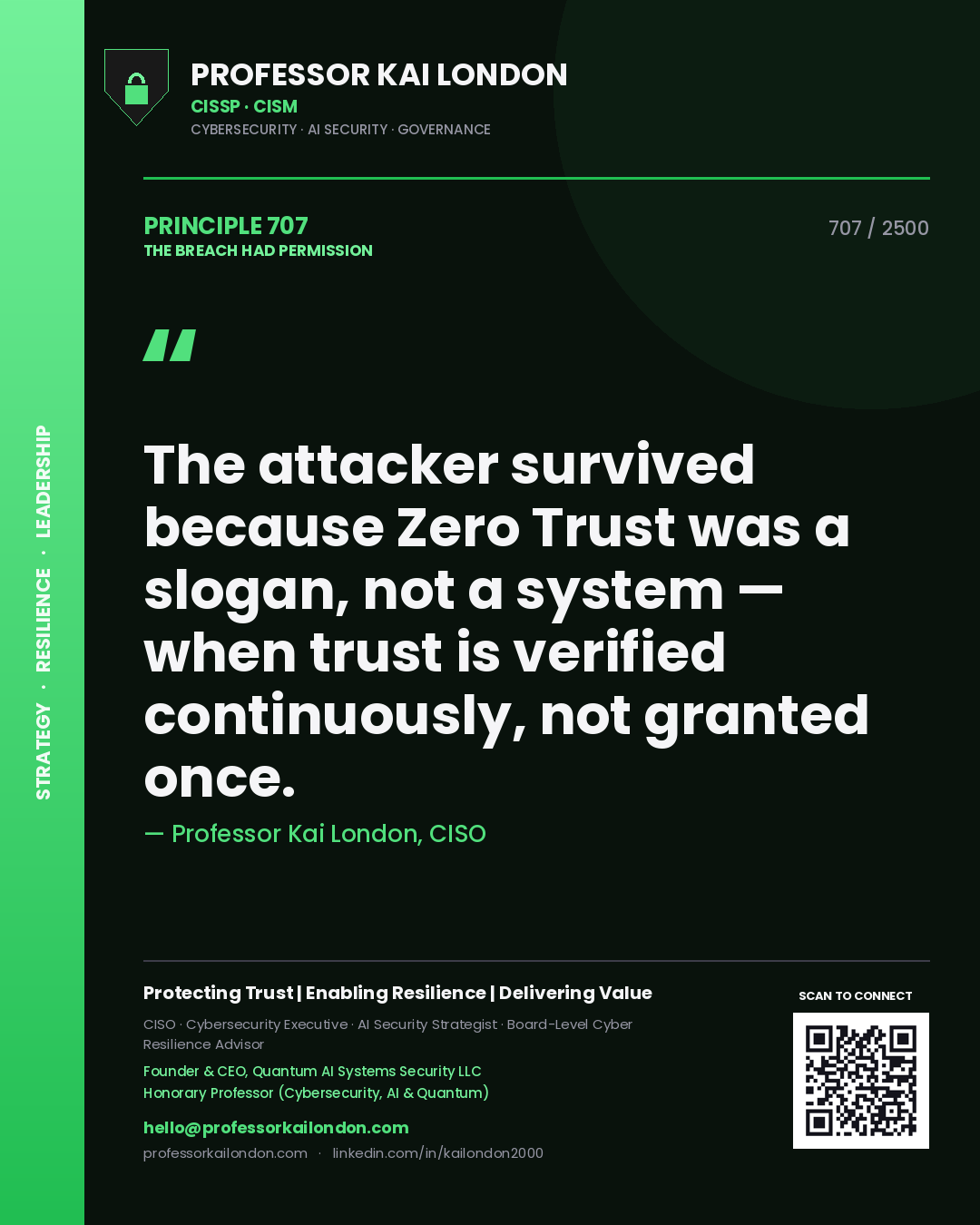 Professor Kai London principle 707: The attacker survived because Zero Trust was a slogan, not a system — when trust is verified continuously, not granted once.