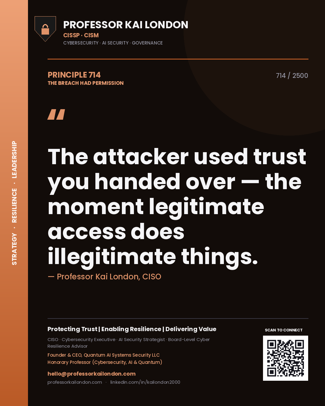 Quote card by Professor Kai London reading 'The attacker used trust you handed over — the moment legitimate access does illegitimate things.'. From the book The Breach Had Permission.