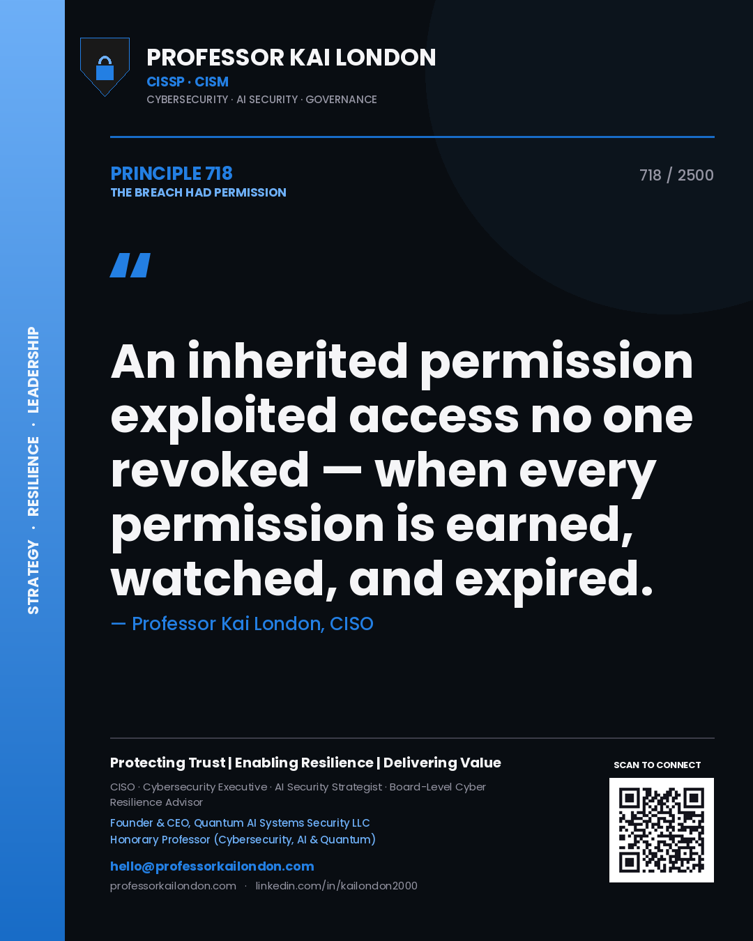 Professor Kai London principle 718: An inherited permission exploited access no one revoked — when every permission is earned, watched, and expired.