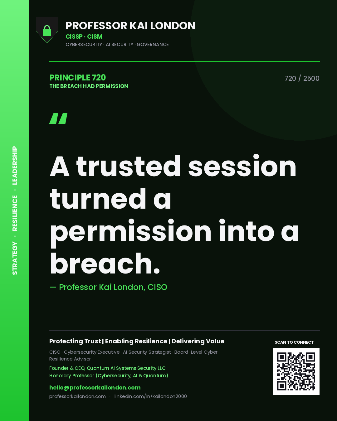 Quote card by Professor Kai London reading 'A trusted session turned a permission into a breach.'. From the book The Breach Had Permission.