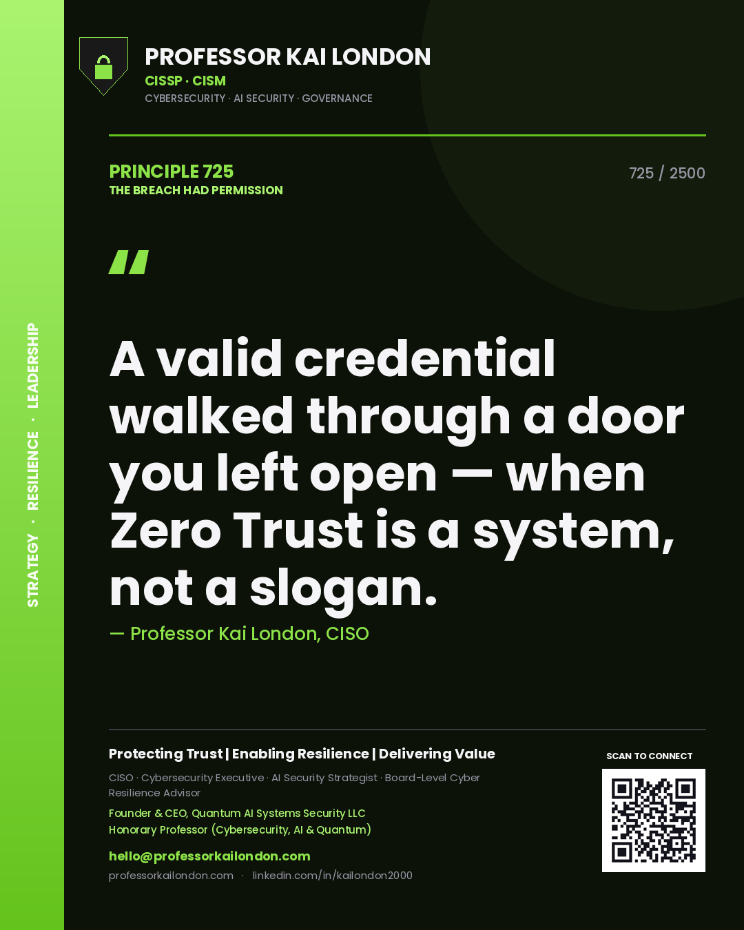 Professor Kai London principle 725: A valid credential walked through a door you left open — when Zero Trust is a system, not a slogan.