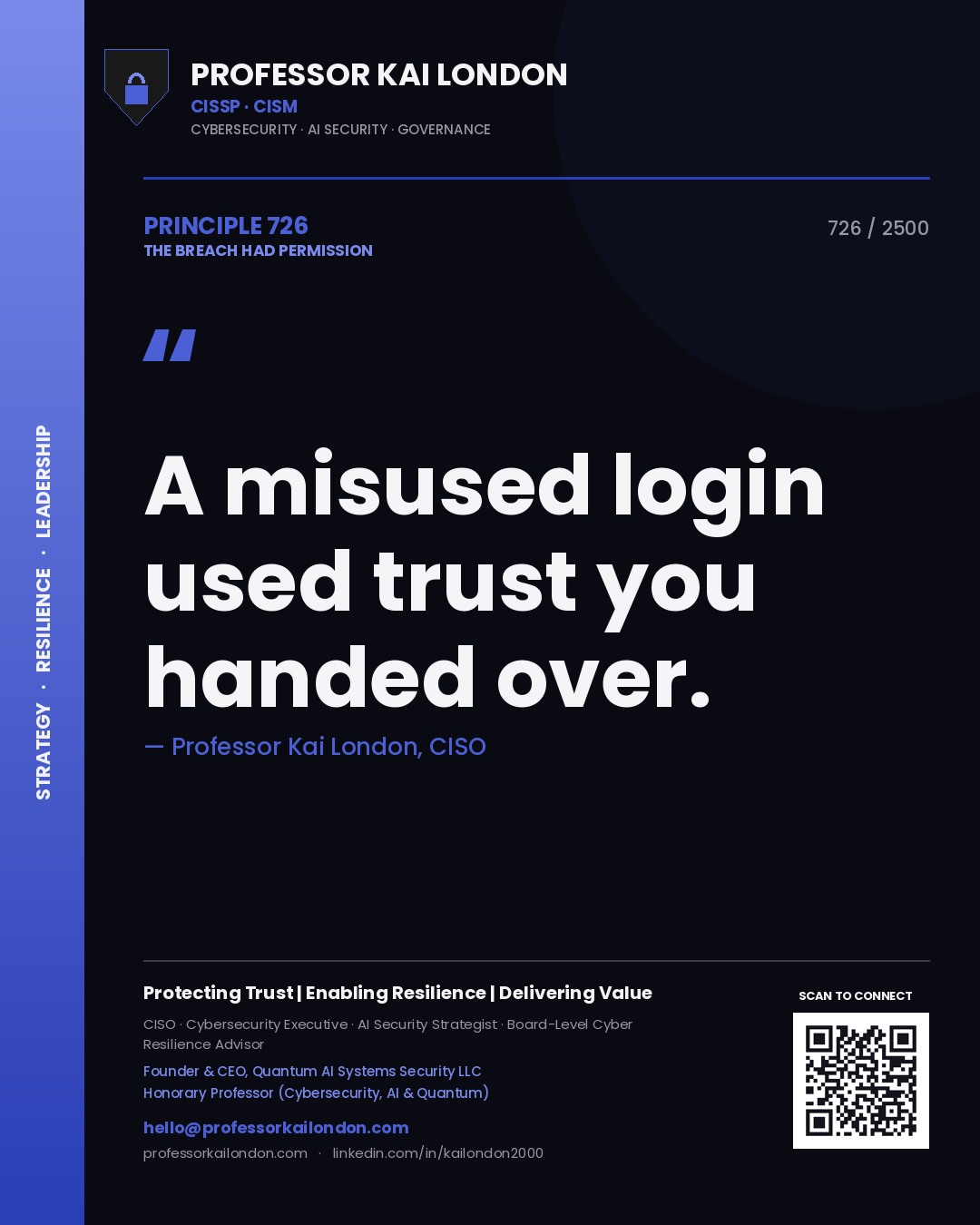 Quote card by Professor Kai London reading 'A misused login used trust you handed over.'. From the book The Breach Had Permission.