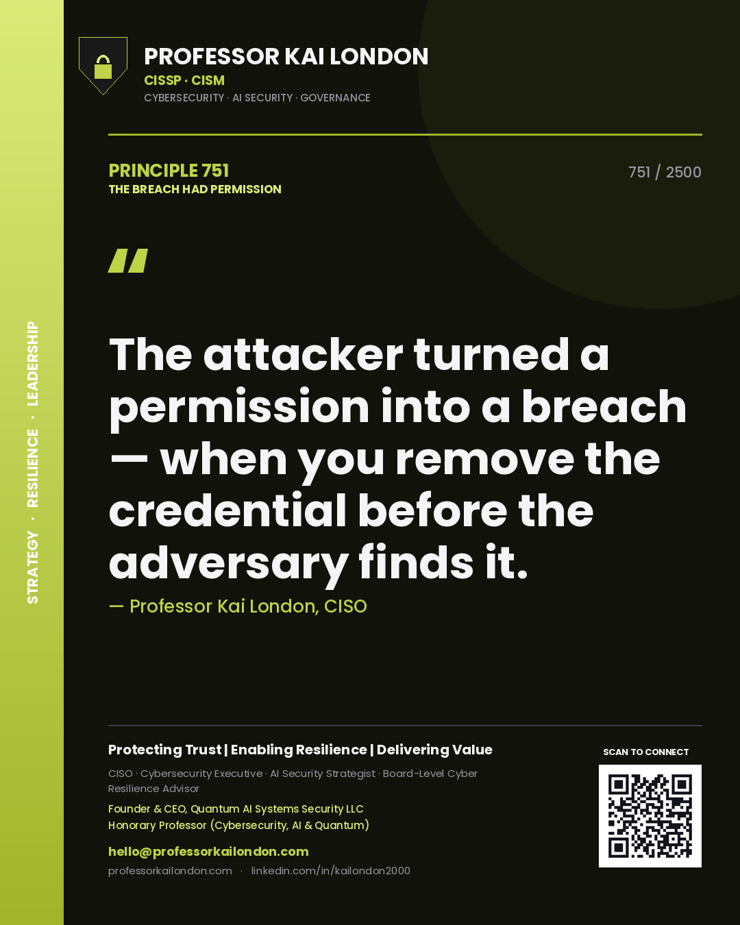 Professor Kai London principle 751: The attacker turned a permission into a breach — when you remove the credential before the adversary finds it.
