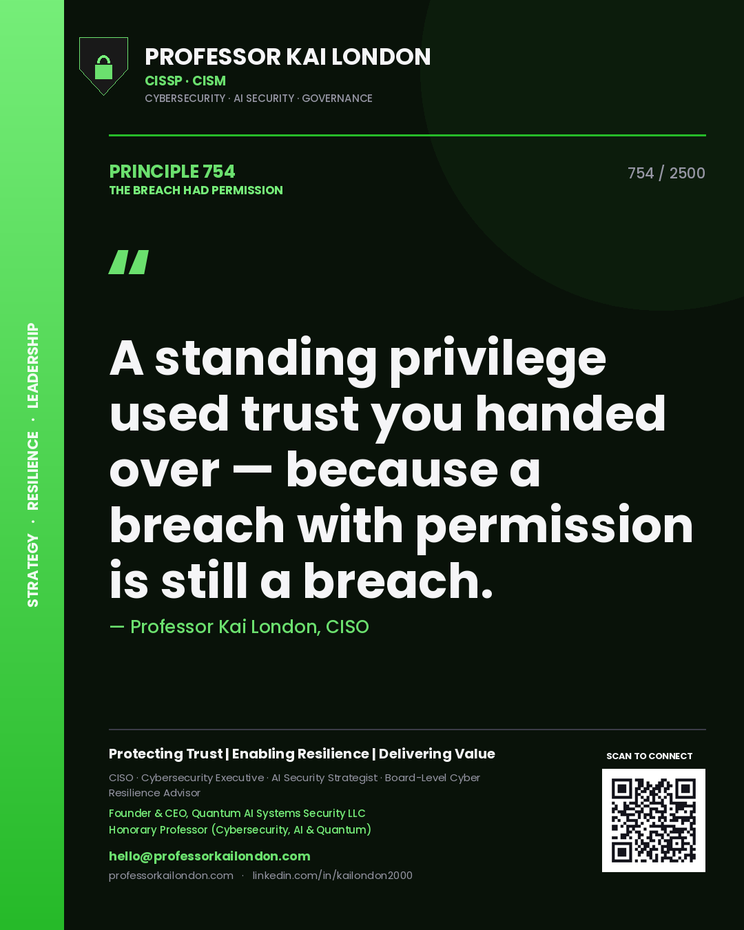 Professor Kai London principle 754: A standing privilege used trust you handed over — because a breach with permission is still a breach.