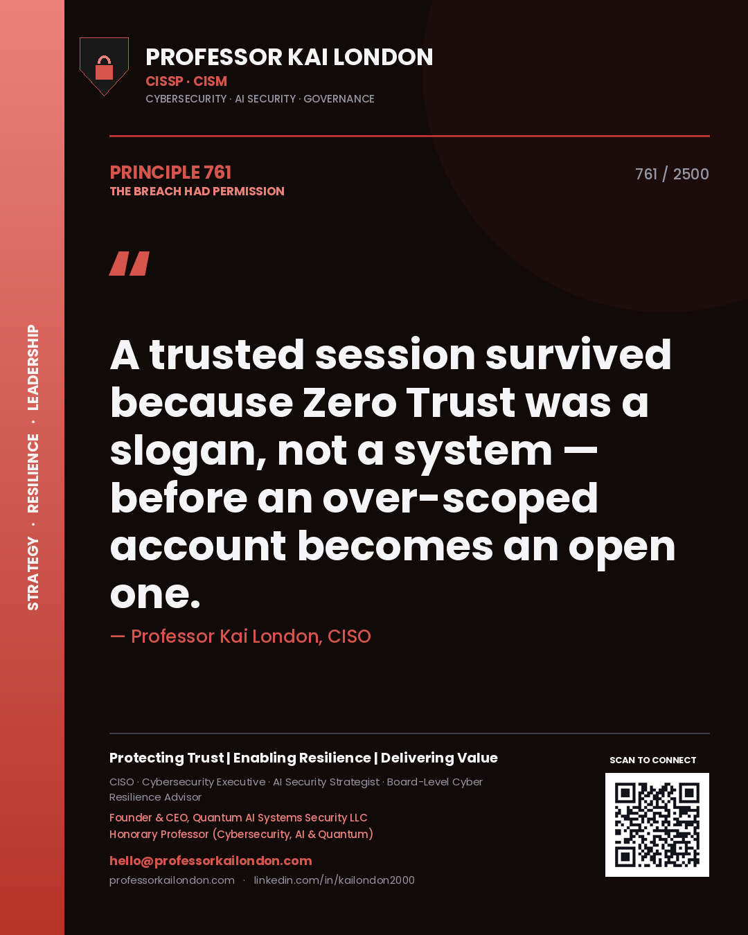 Quote card by Professor Kai London reading 'A trusted session survived because Zero Trust was a slogan, not a system — before an over-scoped account becomes an open one.'. From the book The Breach Had Permission.
