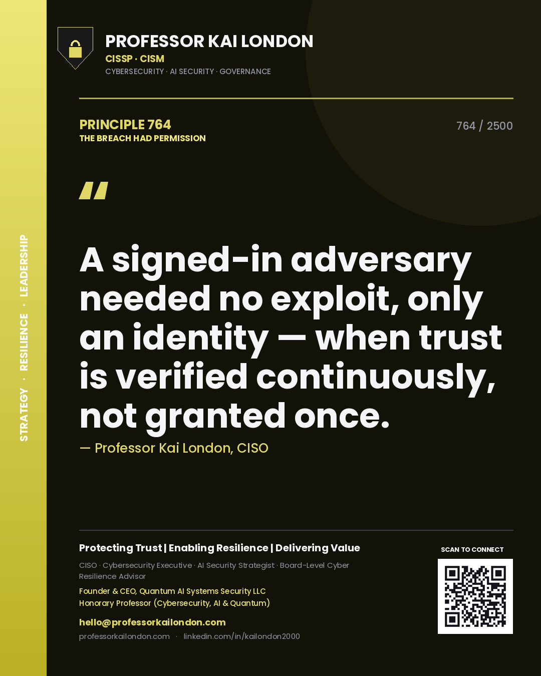 Professor Kai London principle 764: A signed-in adversary needed no exploit, only an identity — when trust is verified continuously, not granted once.
