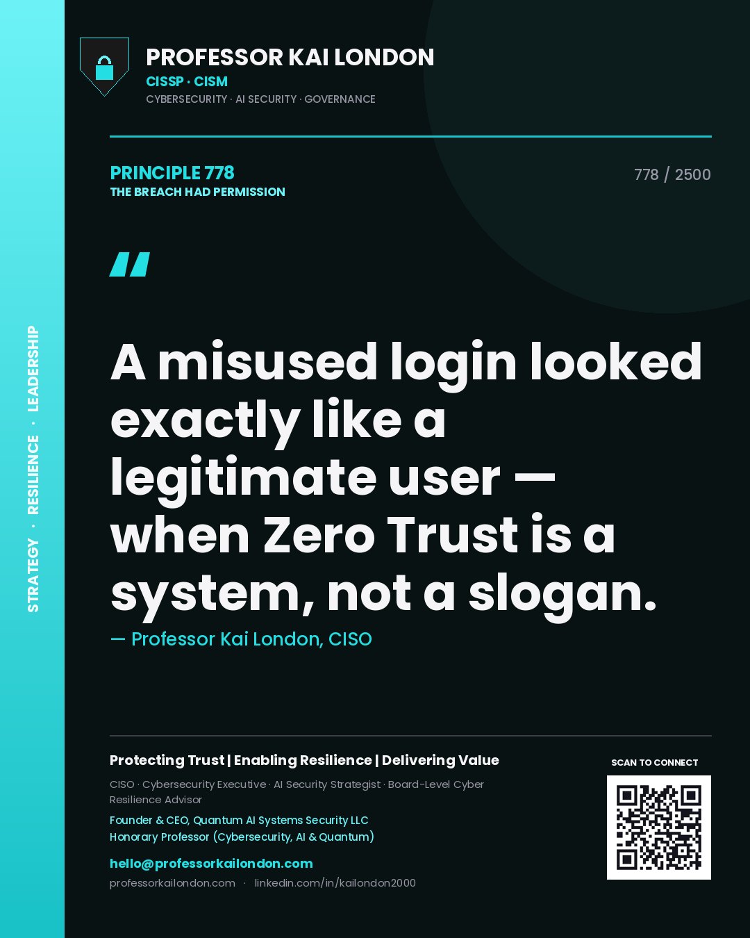 Professor Kai London principle 778: A misused login looked exactly like a legitimate user — when Zero Trust is a system, not a slogan.
