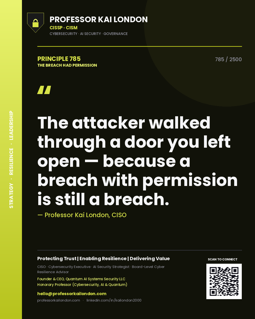 Professor Kai London principle 785: The attacker walked through a door you left open — because a breach with permission is still a breach.