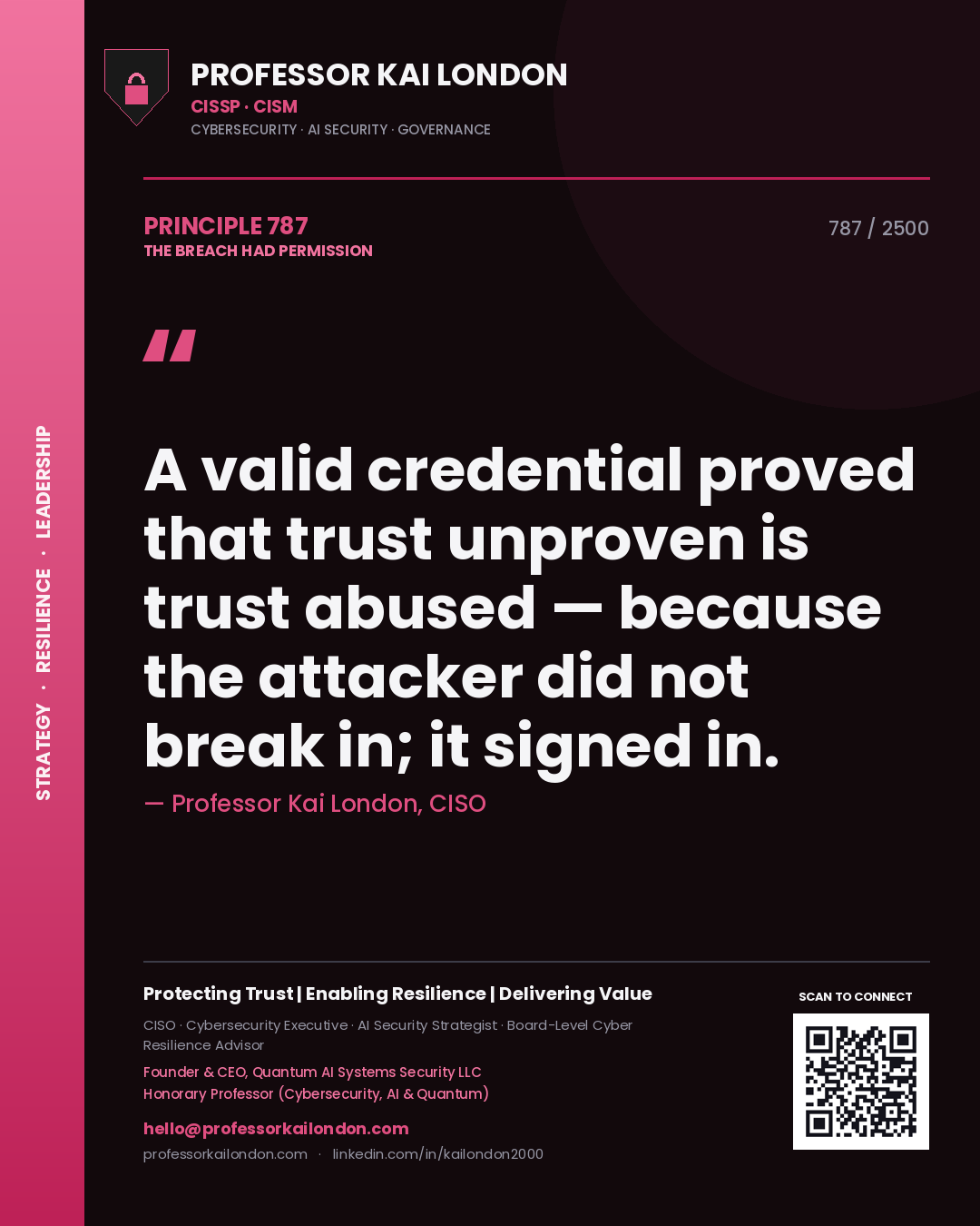 Professor Kai London principle 787: A valid credential proved that trust unproven is trust abused — because the attacker did not break in; it signed in.