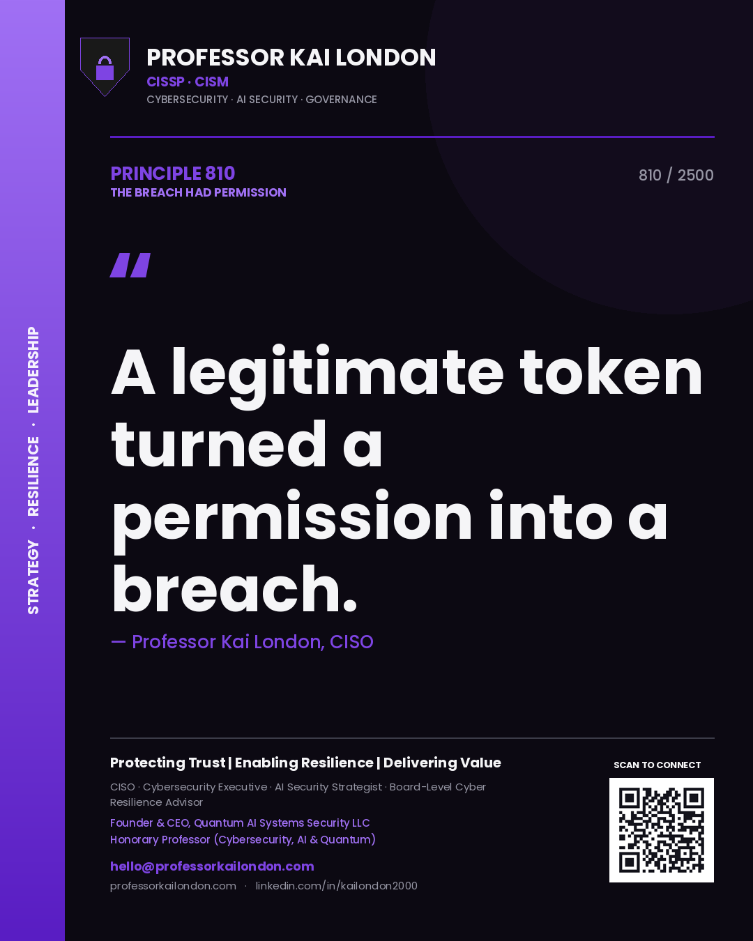 Quote card by Professor Kai London reading 'A legitimate token turned a permission into a breach.'. From the book The Breach Had Permission.