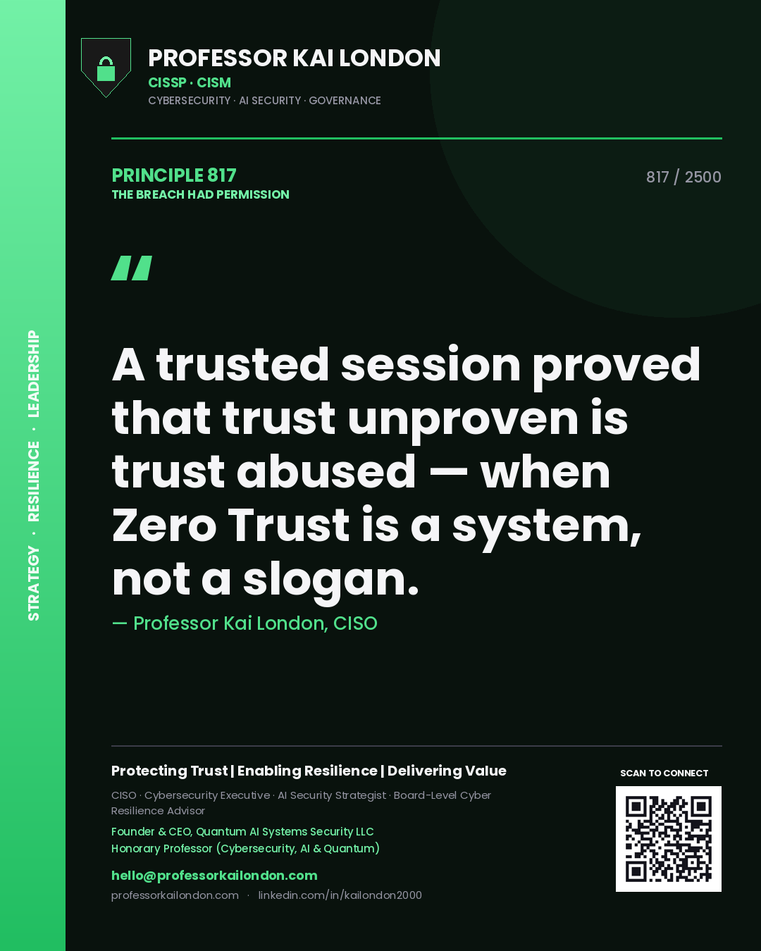 Professor Kai London principle 817: A trusted session proved that trust unproven is trust abused — when Zero Trust is a system, not a slogan.