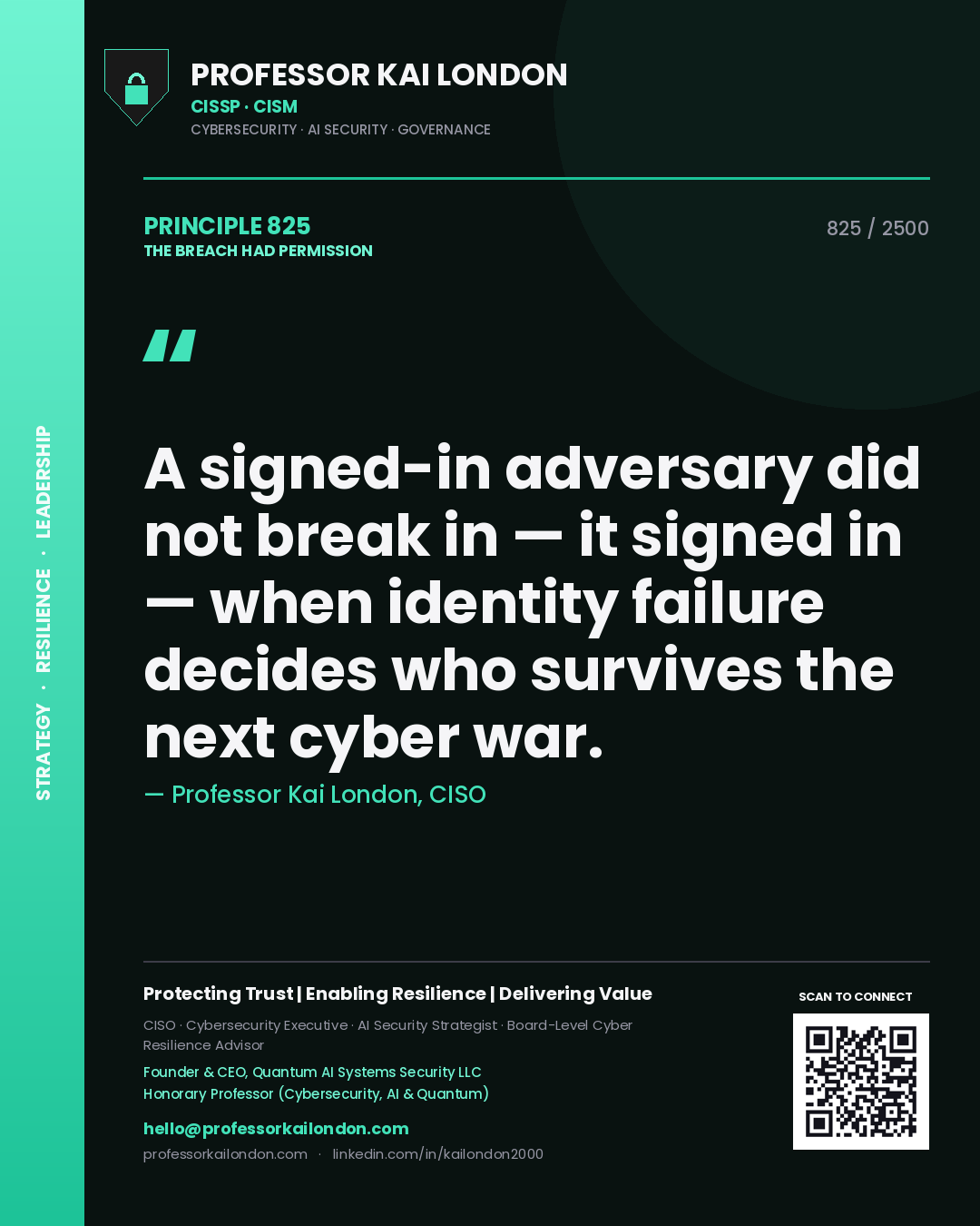 Professor Kai London principle 825: A signed-in adversary did not break in — it signed in — when identity failure decides who survives the next cyber war.