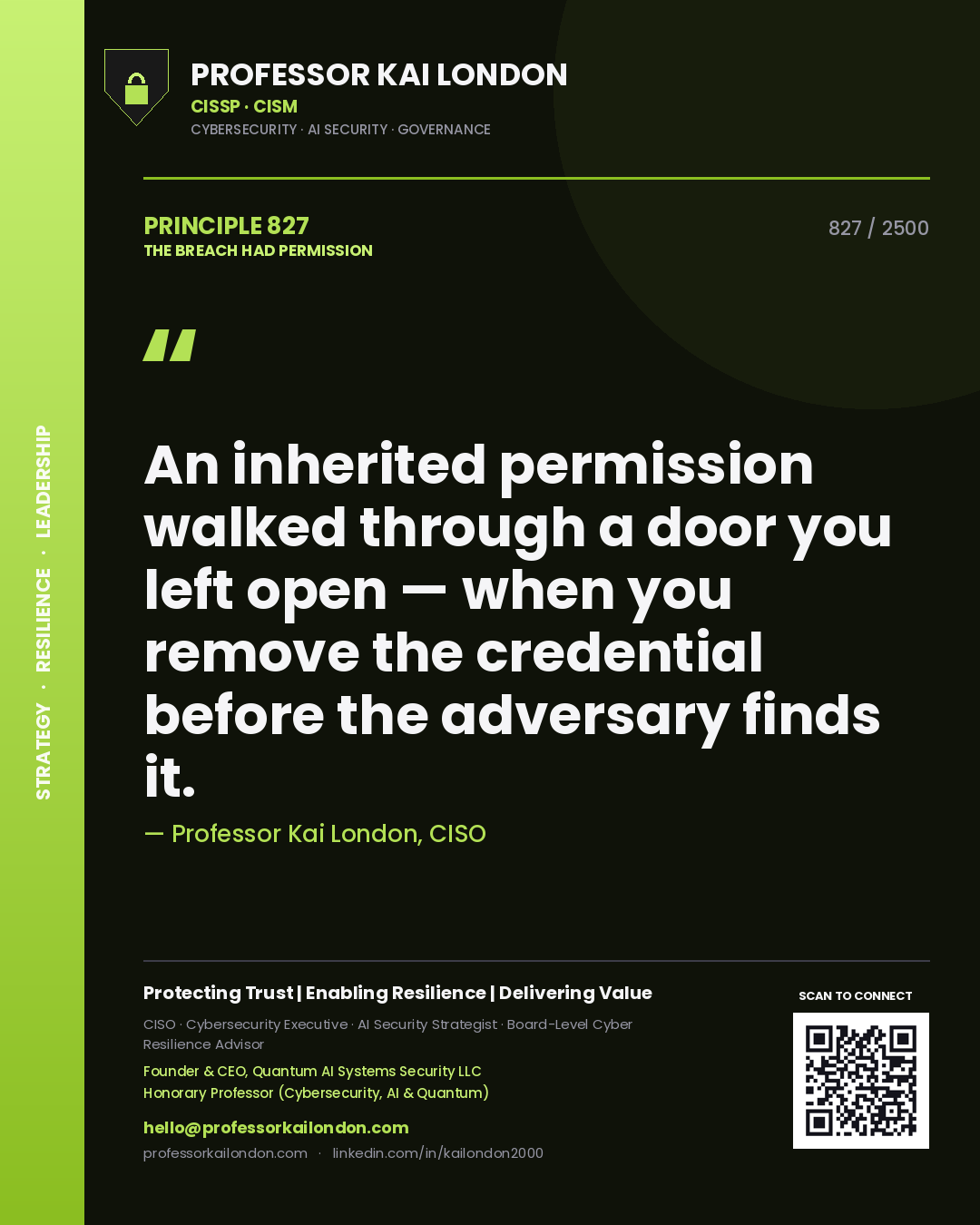 Professor Kai London principle 827: An inherited permission walked through a door you left open — when you remove the credential before the adversary finds it.