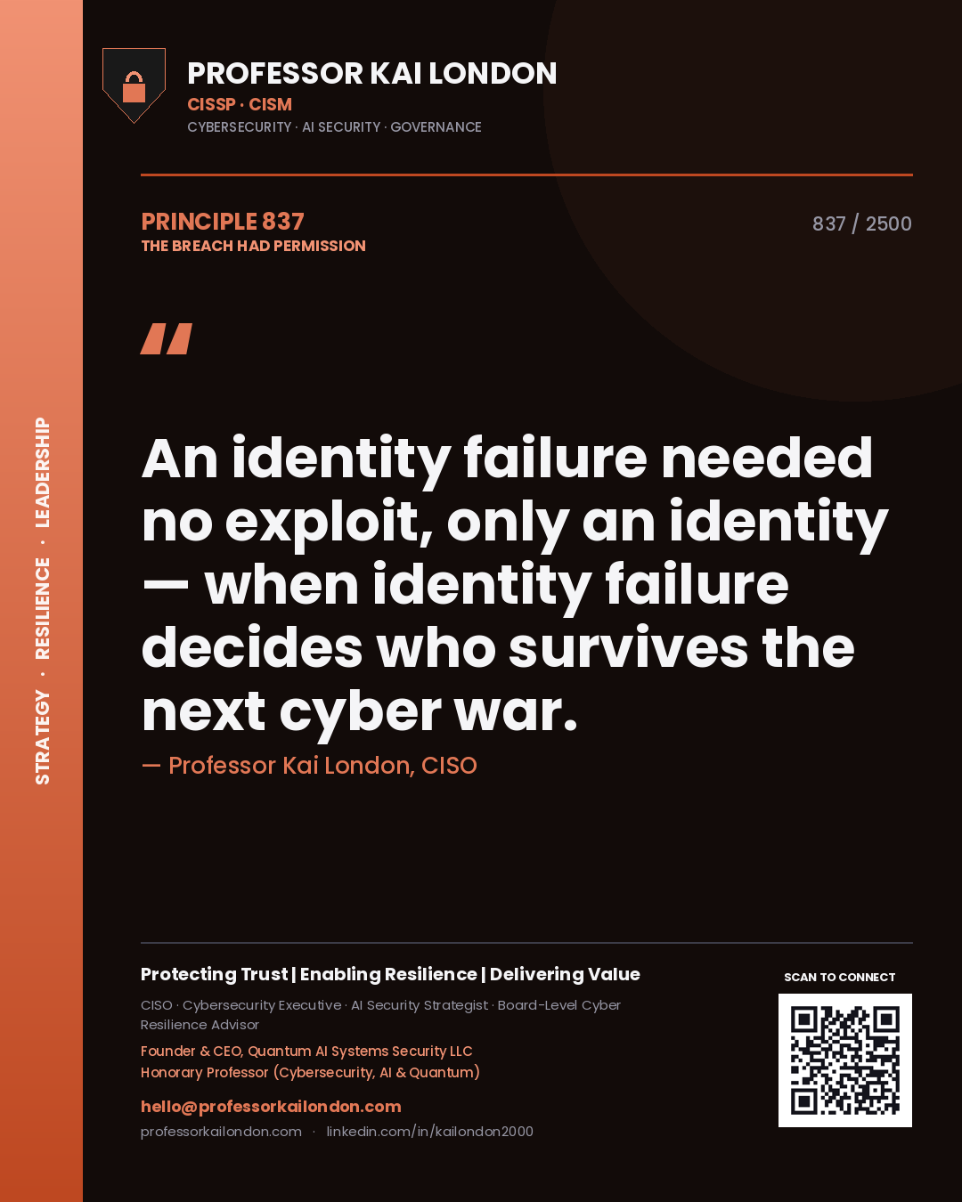 Professor Kai London principle 837: An identity failure needed no exploit, only an identity — when identity failure decides who survives the next cyber war.