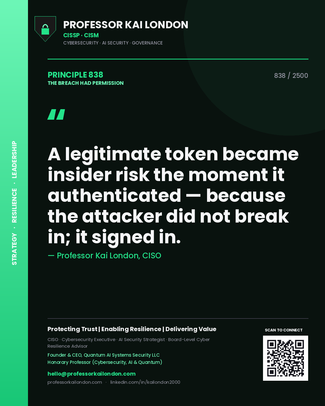 Professor Kai London principle 838: A legitimate token became insider risk the moment it authenticated — because the attacker did not break in; it signed in.
