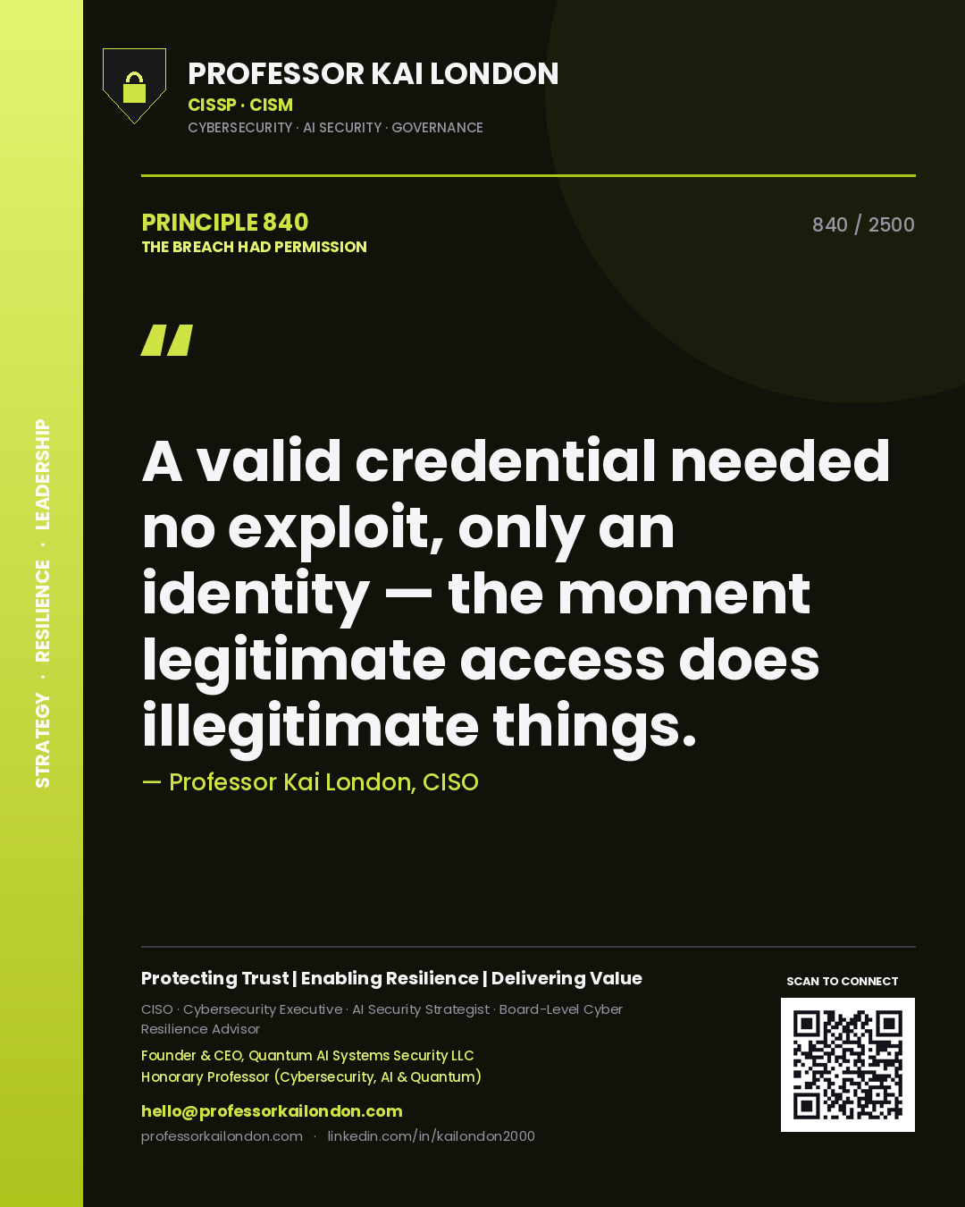 Professor Kai London principle 840: A valid credential needed no exploit, only an identity — the moment legitimate access does illegitimate things.