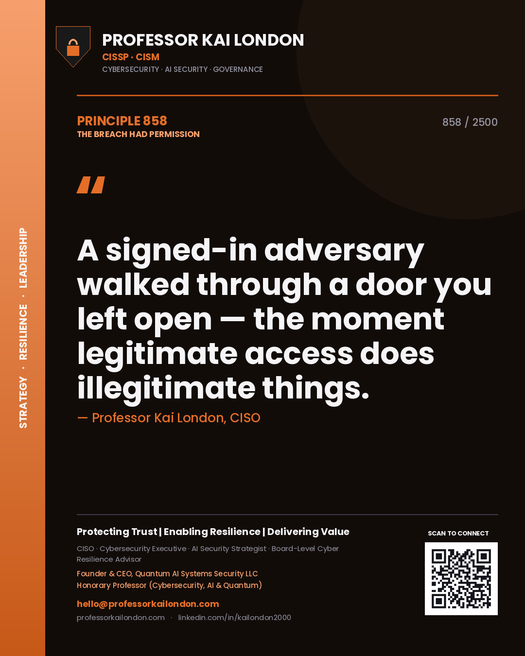 Quote card by Professor Kai London reading 'A signed-in adversary walked through a door you left open — the moment legitimate access does illegitimate things.'. From the book The Breach Had Permission.