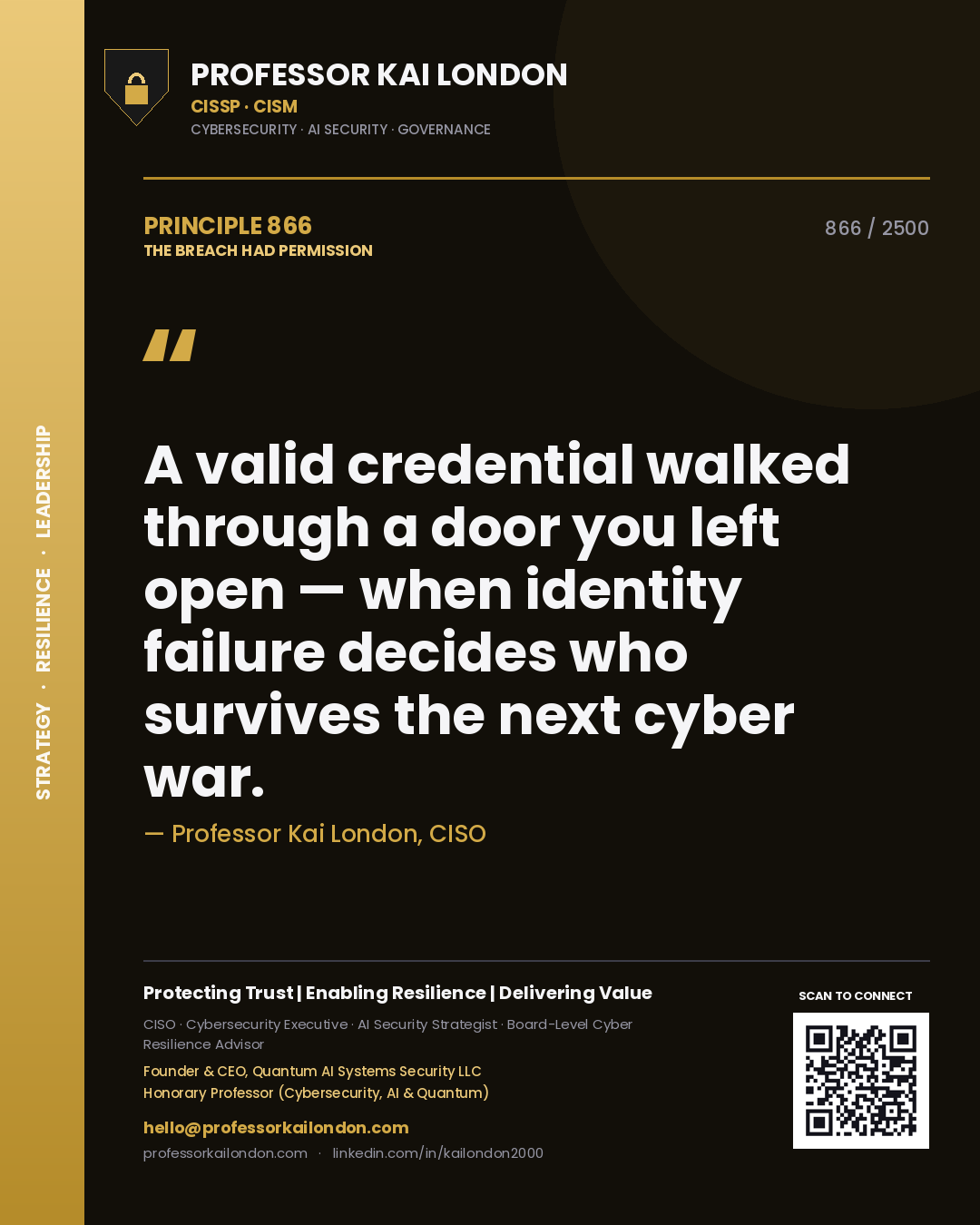 Quote card by Professor Kai London reading 'A valid credential walked through a door you left open — when identity failure decides who survives the next cyber war.'. From the book The Breach Had Permission.